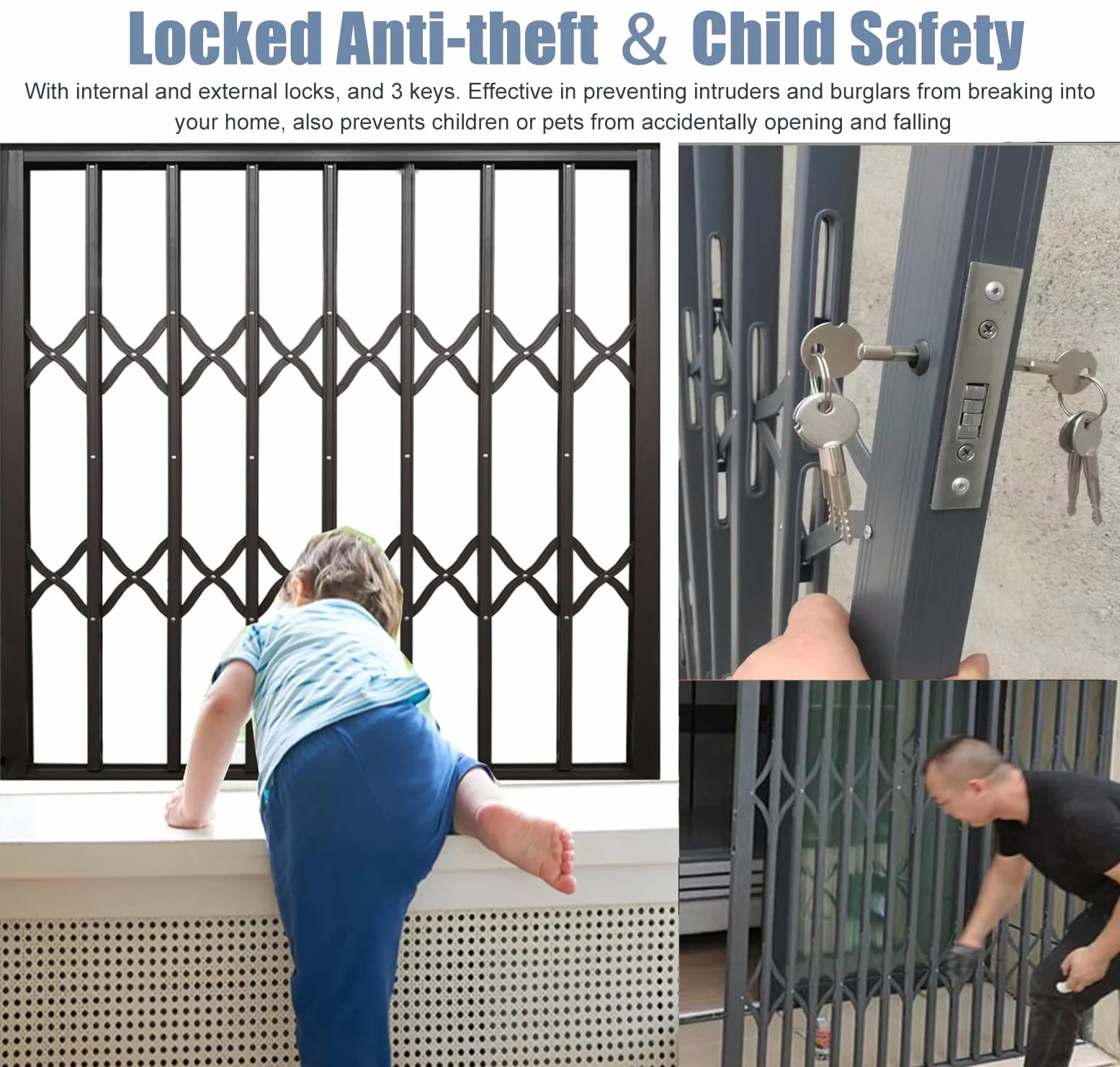 Securi - Barra per porte scorrevoli e griglia anti-rottura, sistema di bloccaggio robusto, Safe Ber, 70-210 cm (larghezza x altezza), 100 x 100 cm