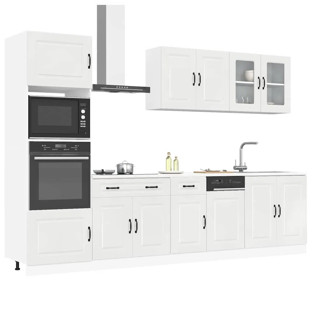 Kalmar - Set di 7 mobili da cucina in legno bianco lucido, molto spazio per cucina, vetrina, mobiletto sospeso, credenza, armadietto alto, cassettiera