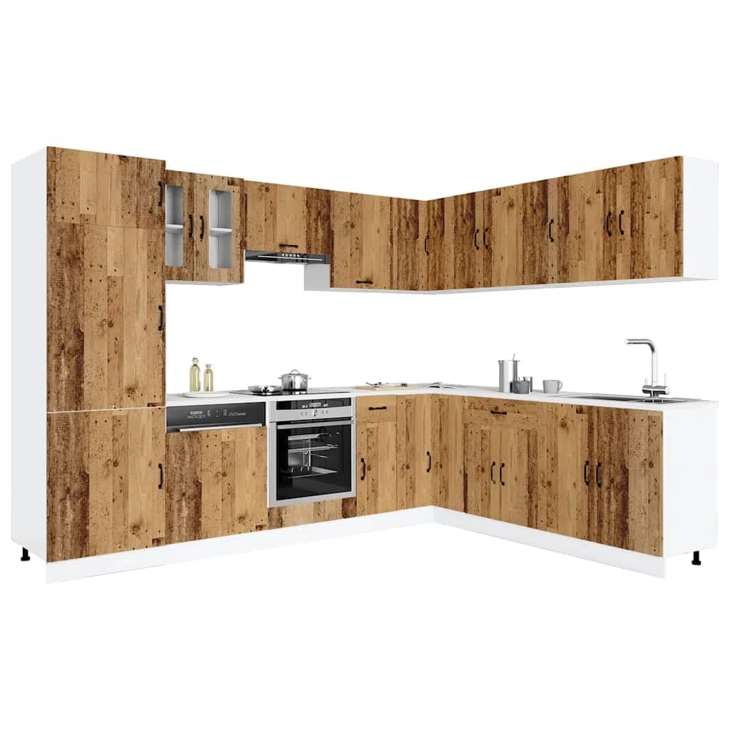 Set di 14 mobili da cucina Kalmar in effetto legno anticato, set di mobili da cucina modulari in legno, cucina completa con armadio ad angolo, pensile e armadio alto