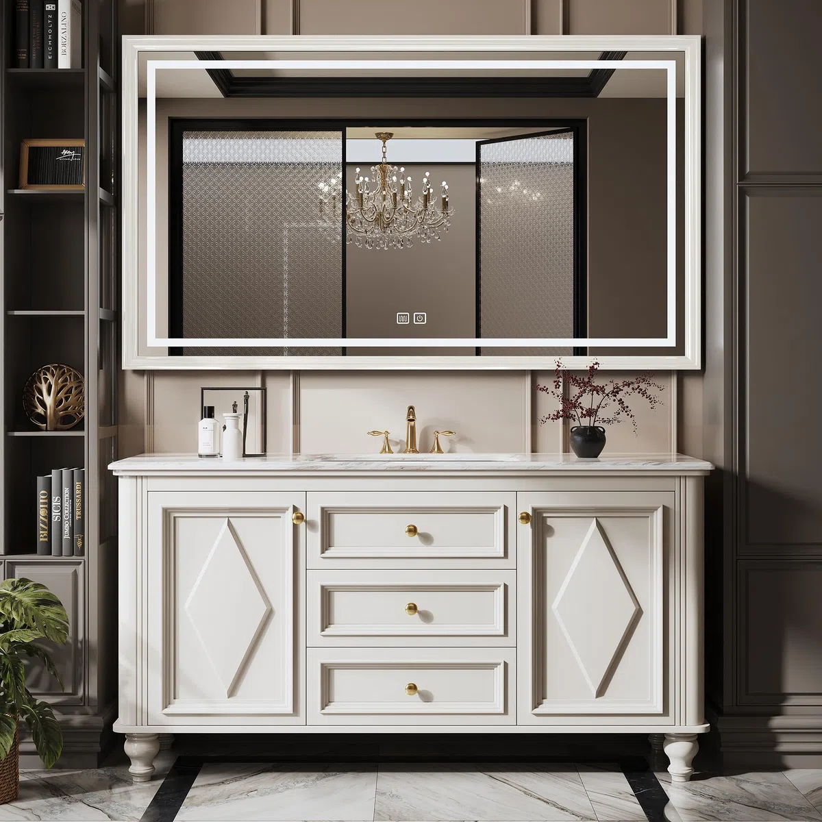 Vanity - Mobile da bagno di ispirazione francese con specchio LED Smart Defog in legno massello, lavabo singolo/doppio, design elegante per bagni moderni, soluzione salvaspazio