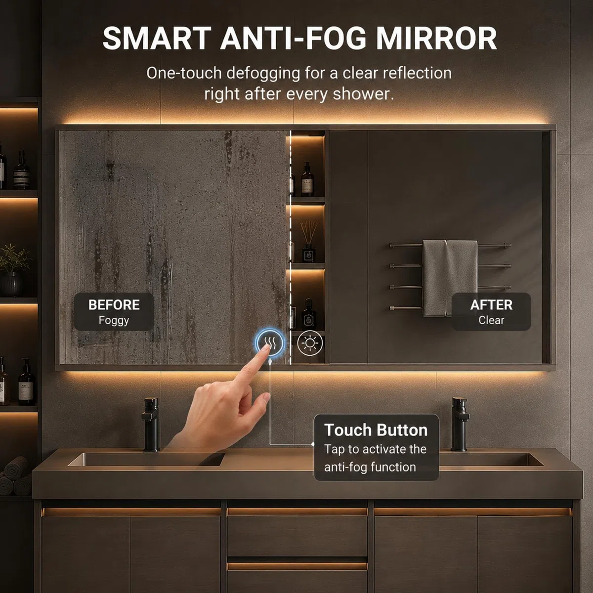 Mobile da bagno sospeso doppio da 198,1 cm, design moderno a parete con lavello in pietra e specchio intelligente, spazioso spazio di archiviazione, ioni solidi