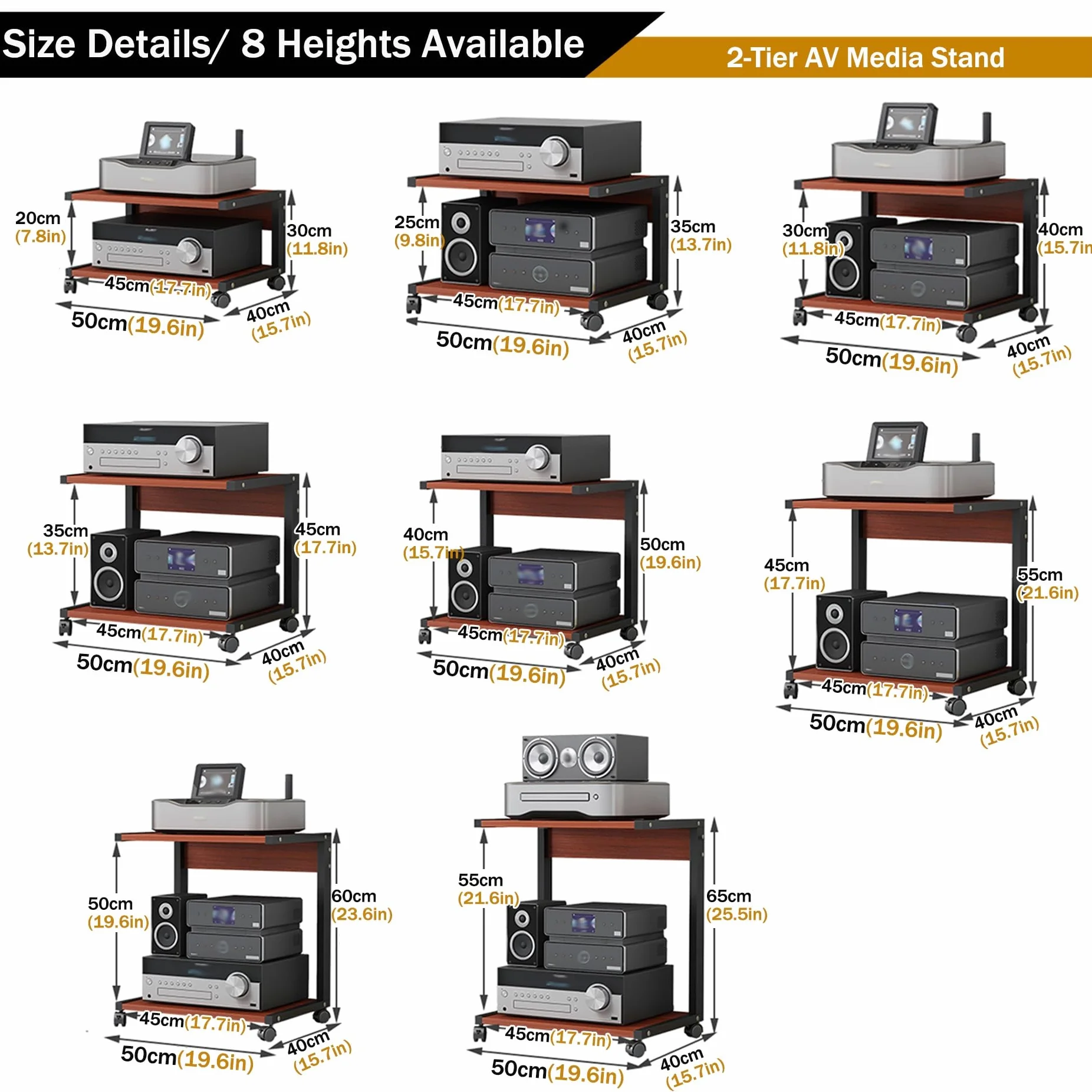 Pelliccia HiFi, Multi-AV nd con ruote, ripiani video a 2 livelli, supporto in legno Cact, supporto per ste, tavolo stampante per soggiorno, sala giochi, ufficio (teak, 50 x 40 x 50 cm)
