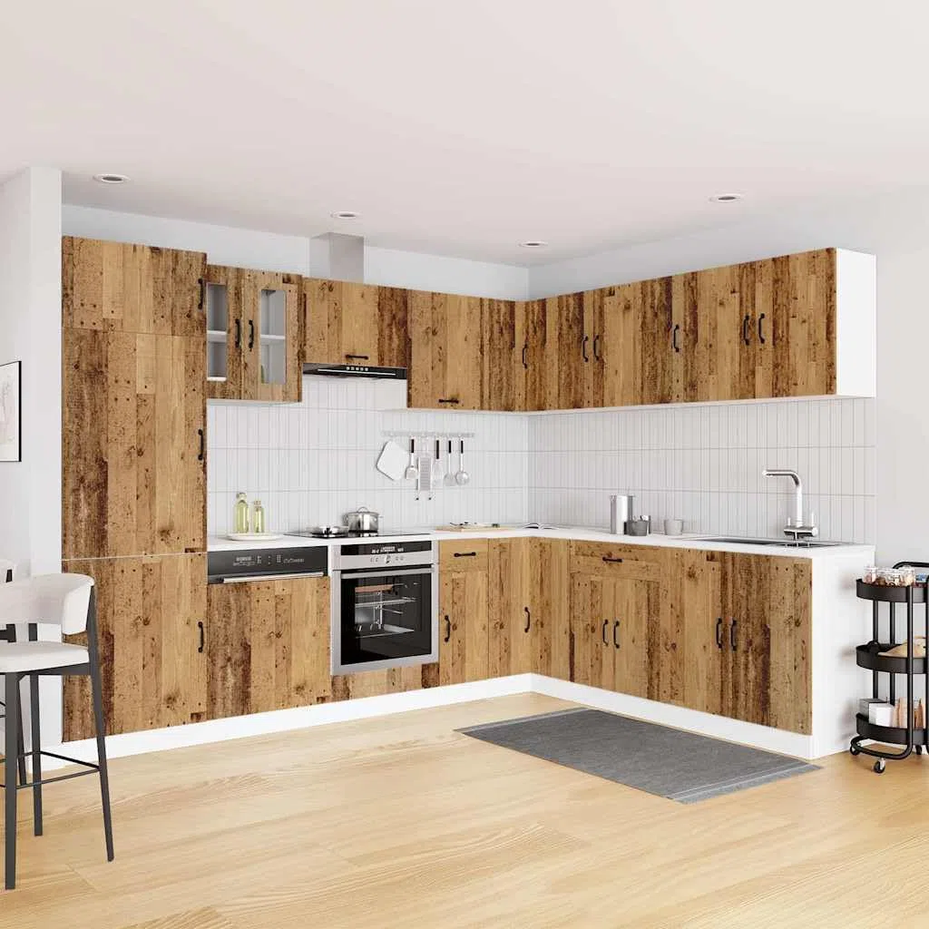 Set di 14 mobili da cucina Kalmar in effetto legno anticato, set di mobili da cucina modulari in legno, cucina completa con armadio ad angolo, pensile e armadio alto