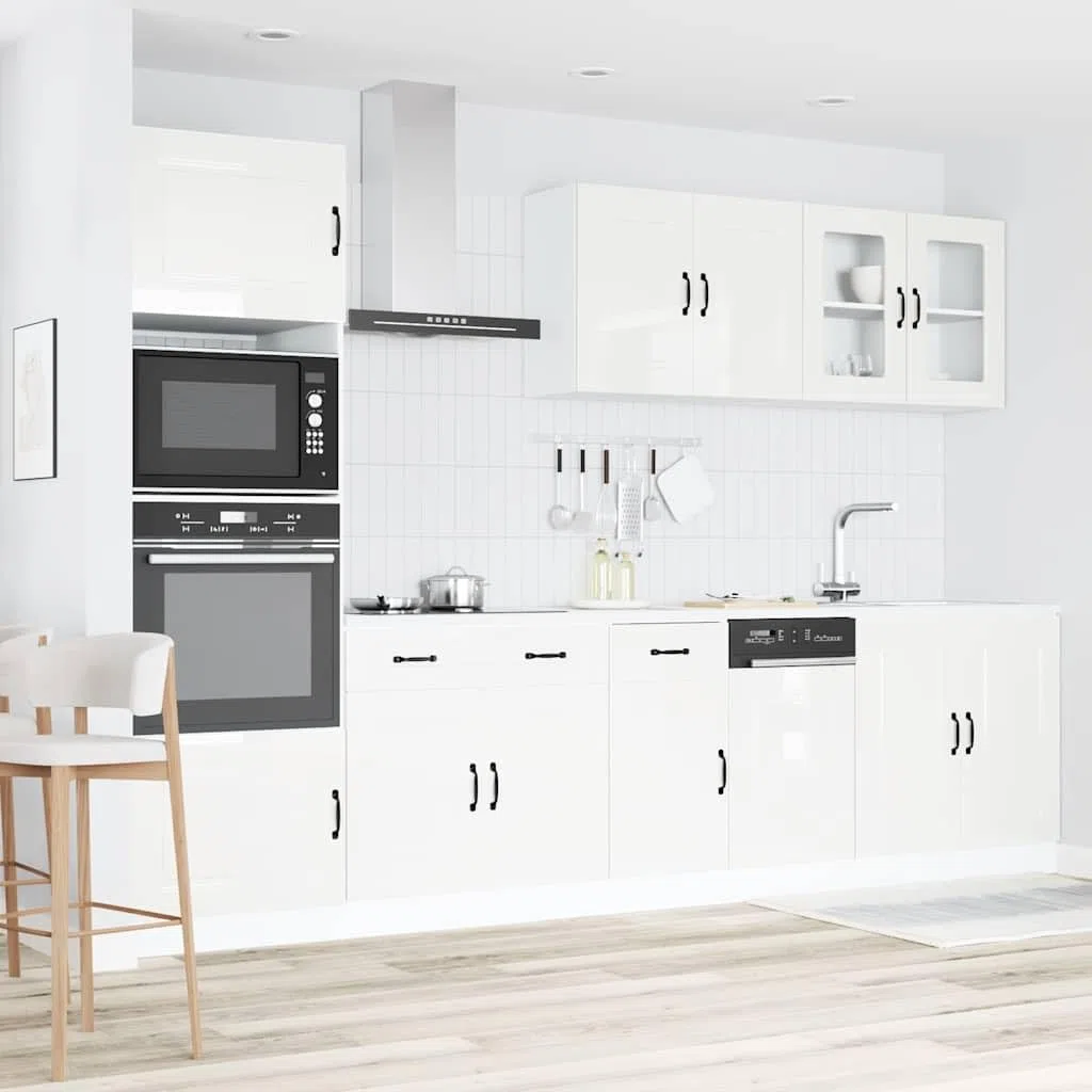 Kalmar - Set di 7 mobili da cucina in legno bianco lucido, molto spazio per cucina, vetrina, mobiletto sospeso, credenza, armadietto alto, cassettiera