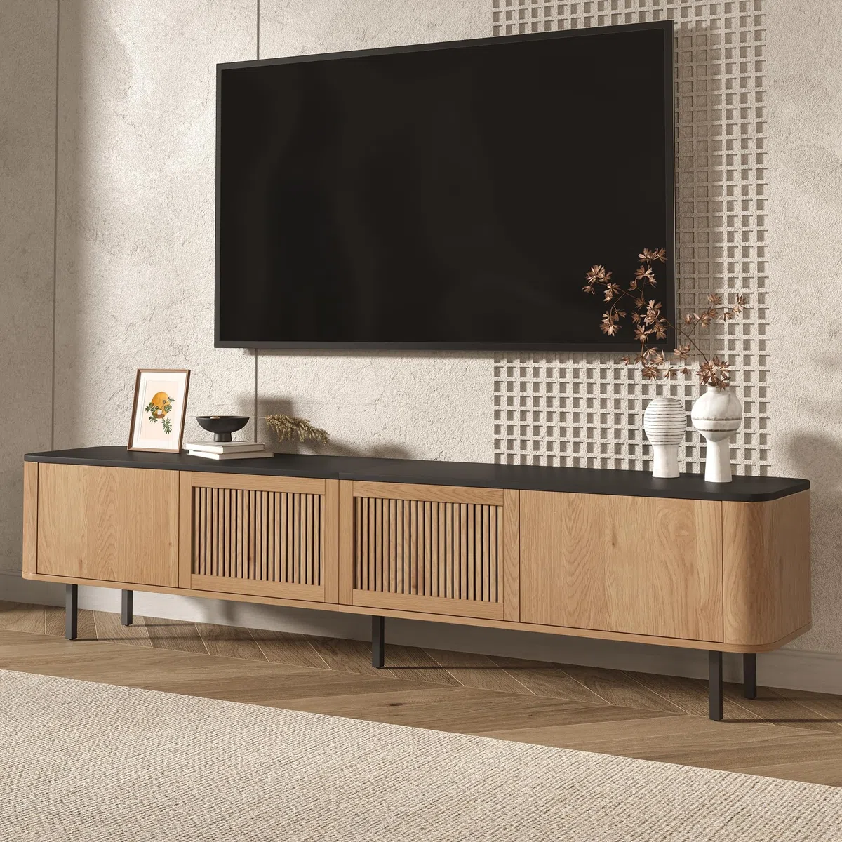 Mobile TV in rovere unico, 190 x 35 x 45 cm, moderno centro di intrattenimento, soluzione elegante per soggiorno, console multimediale con ampio spazio per TV e accessori