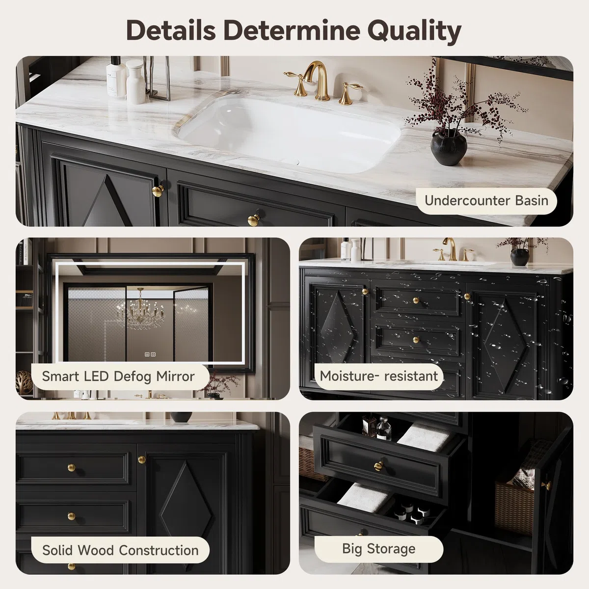 Vanity - Mobile da bagno di ispirazione francese con specchio LED Smart Defog in legno massello, lavabo singolo/doppio, design elegante per bagni moderni, soluzione salvaspazio
