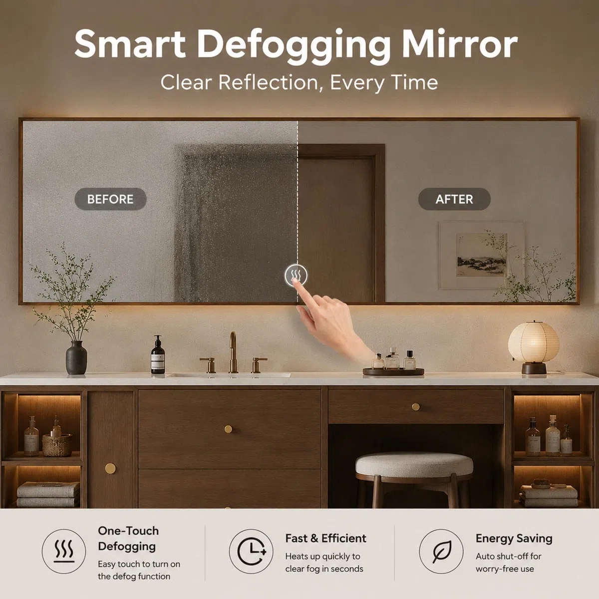 Vanità da bagno indipendente da 80 pollici con area trucco | moderno armadio in legno massello | lavabo singolo | specchio anti-appannamento | design personalizzabile | elegante set da bagno