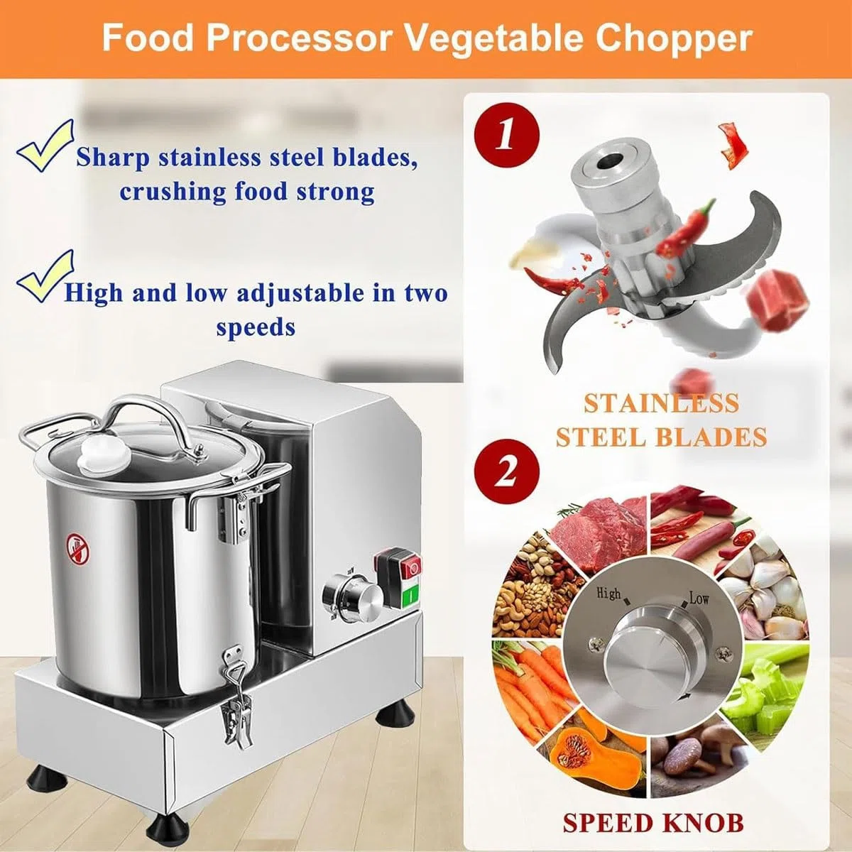 Robot da cucina automatico professionale, tritatutto elettrico per verdure in acciaio inox per impieghi gravosi da 6L/9L/15L con lame a S, tritacarne multifunzionale, per verdure, cipolle, aglio