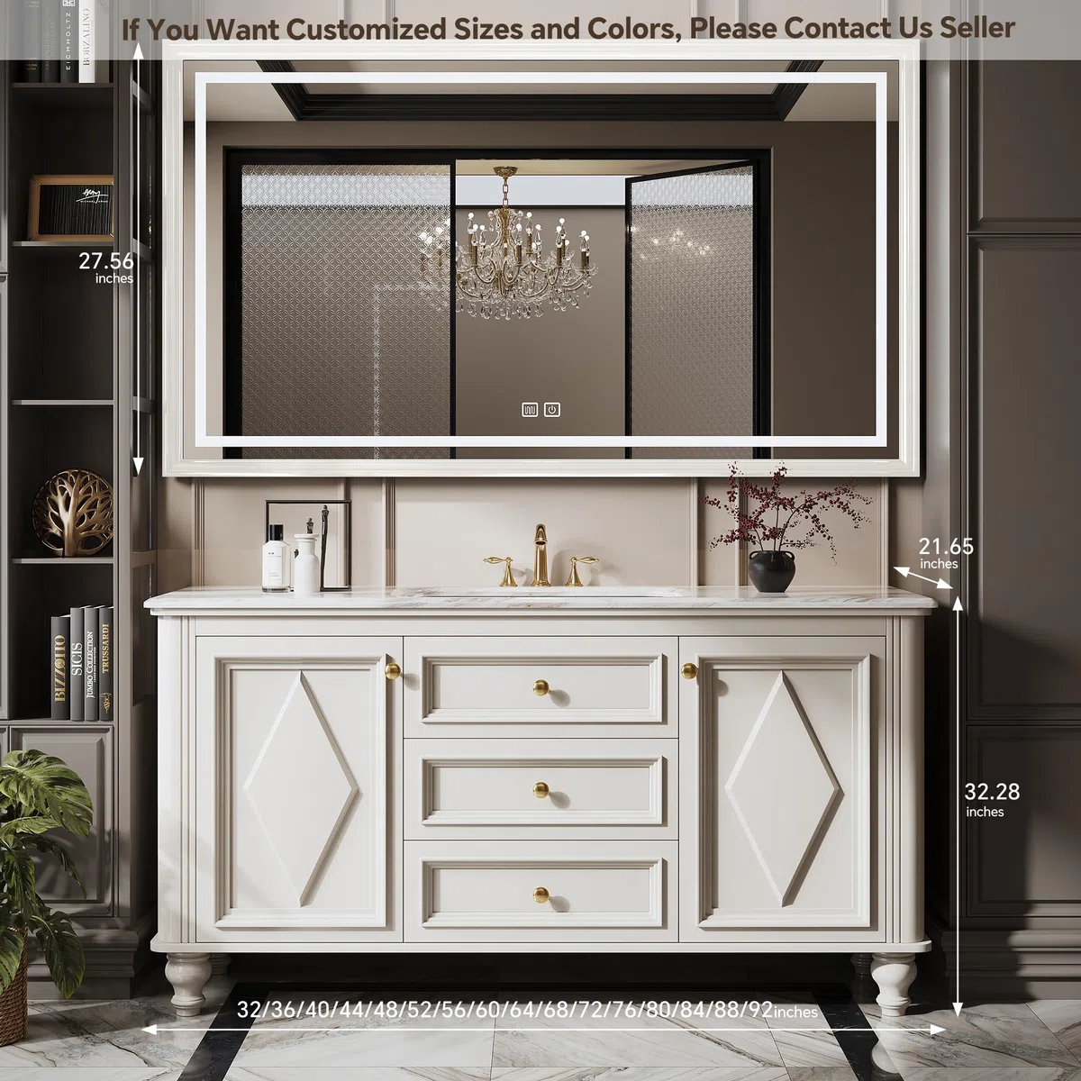 Vanity - Mobile da bagno di ispirazione francese con specchio LED Smart Defog in legno massello, lavabo singolo/doppio, design elegante per bagni moderni, soluzione salvaspazio