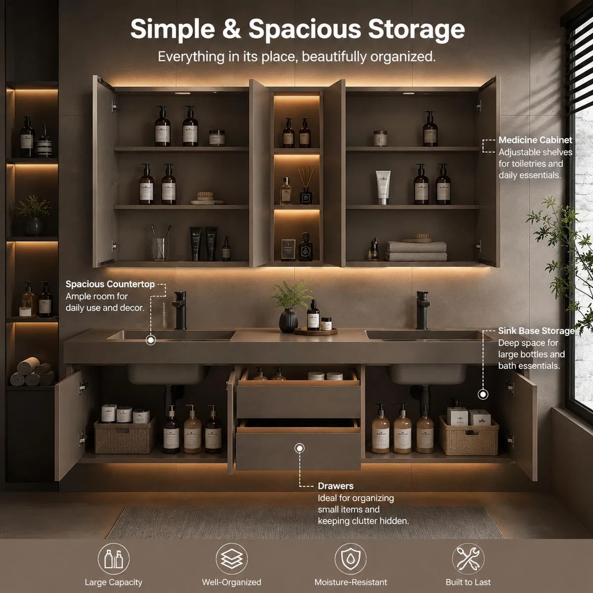 Mobile da bagno sospeso doppio da 198,1 cm, design moderno a parete con lavello in pietra e specchio intelligente, spazioso spazio di archiviazione, ioni solidi