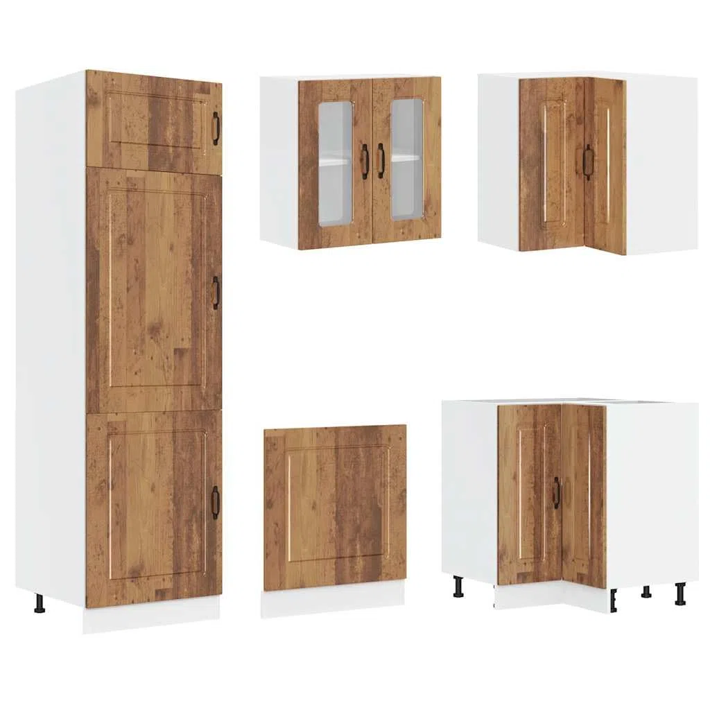 Set di 14 mobili da cucina Kalmar in effetto legno anticato, set di mobili da cucina modulari in legno, cucina completa con armadio ad angolo, pensile e armadio alto