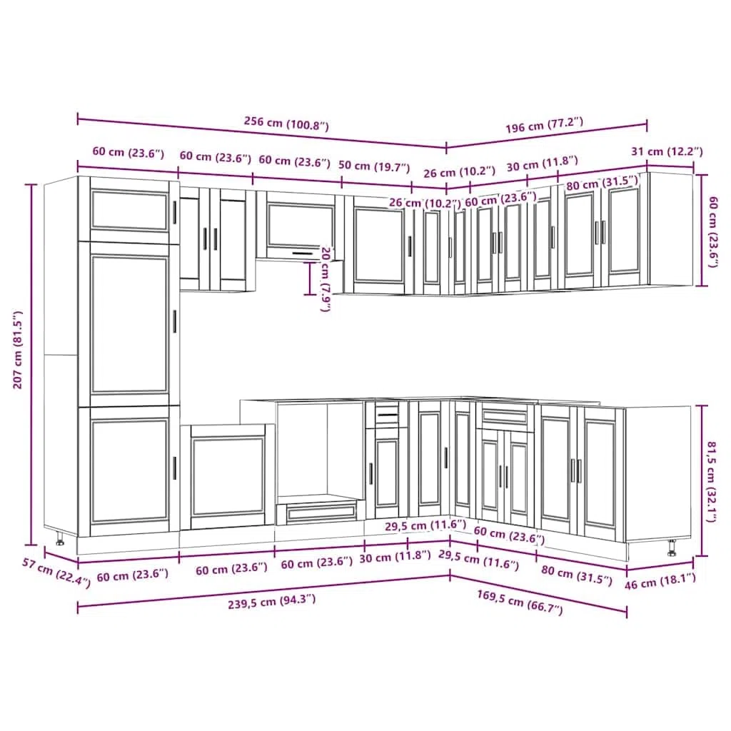 Set di mobili da cucina Porto da 14 pezzi, mobile da cucina modulare in legno con mobiletto ad angolo, pensili e armadietti da forno, combinazione di mobili da cucina per molto spazio