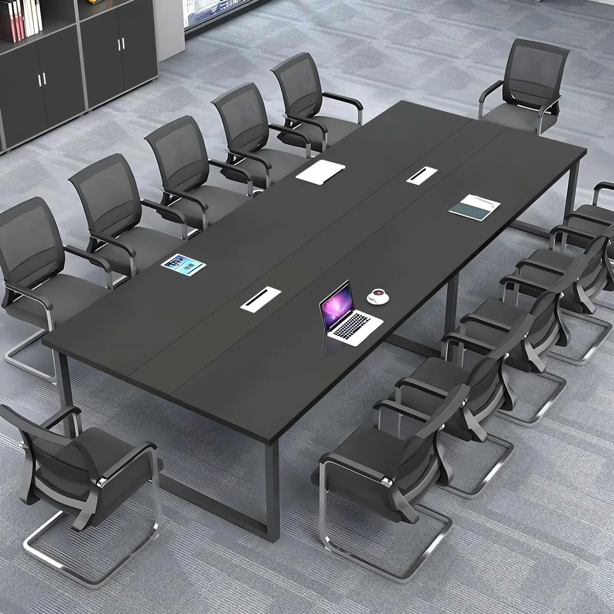 Tavolo da conferenza moderno per 8-12 persone - Tavolo da ufficio in metallo robusto con gestione dei cavi rettangolare in nero bianco - ideale per uso professionale