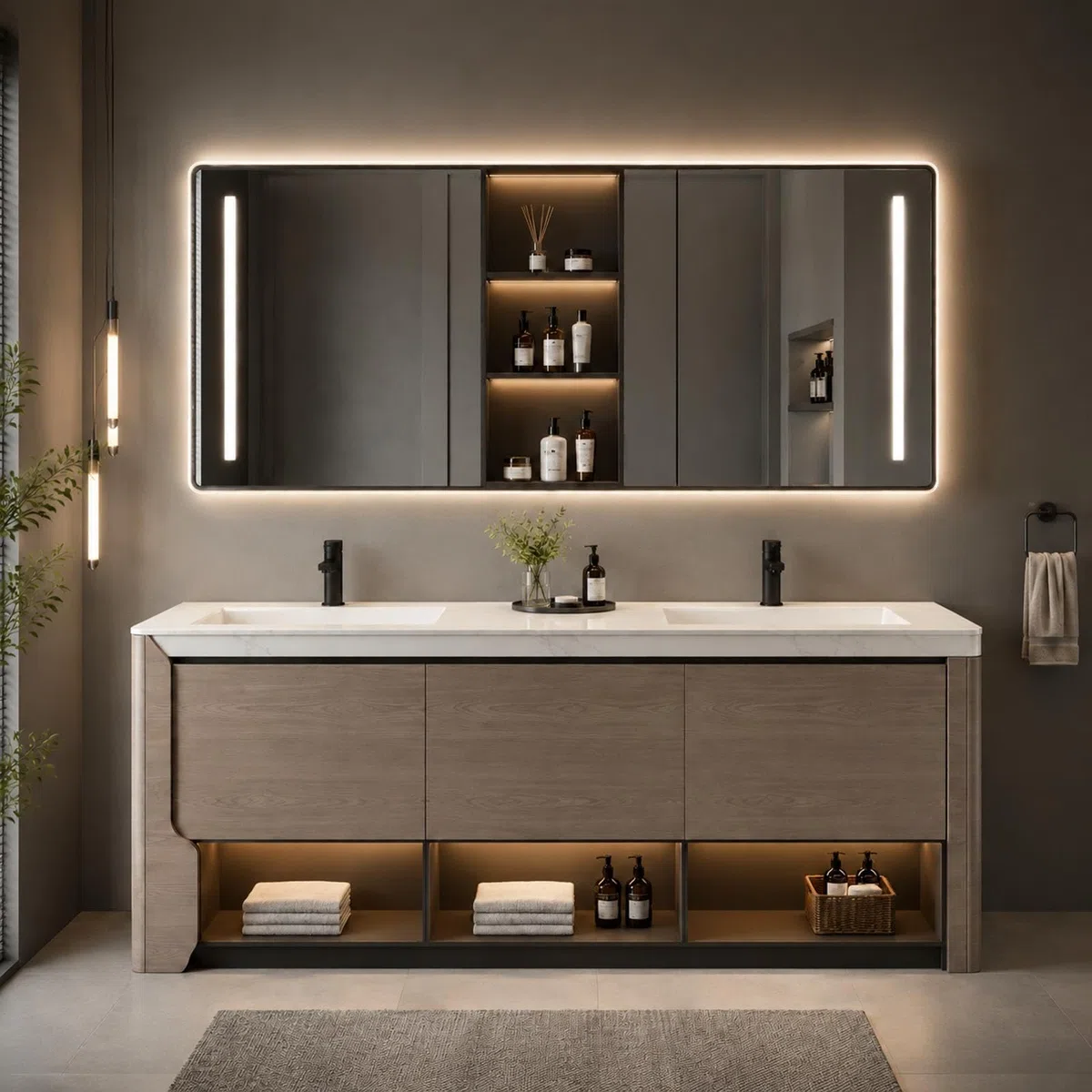 Mobile da bagno doppio da 228,6 cm con lavandino, mobiletto moderno autoportante in legno massello, specchio riscaldato intelligente, lavello in pietra, facile installazione, elegante e design