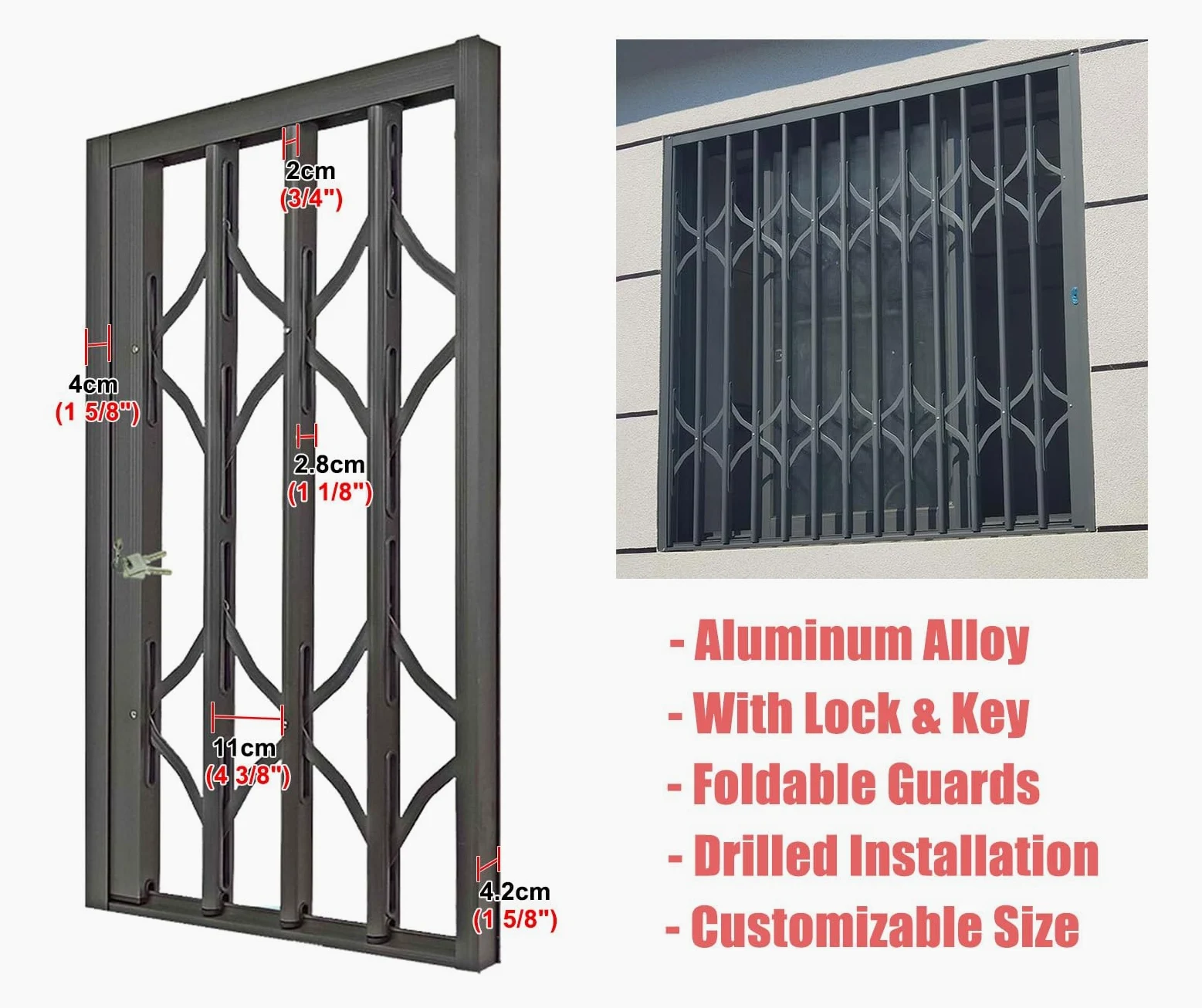 Securi - Barra per porte scorrevoli e griglia anti-rottura, sistema di bloccaggio robusto, Safe Ber, 70-210 cm (larghezza x altezza), 100 x 100 cm
