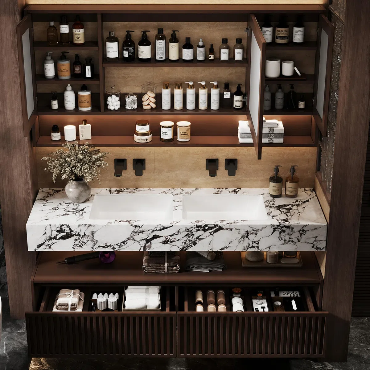 Lavandino sospeso da 172,7 cm, design moderno da parete, con specchio LED antiappannamento e display dell'ora, porte a chiusura rallentata, completamente assemblato per grandi bagni