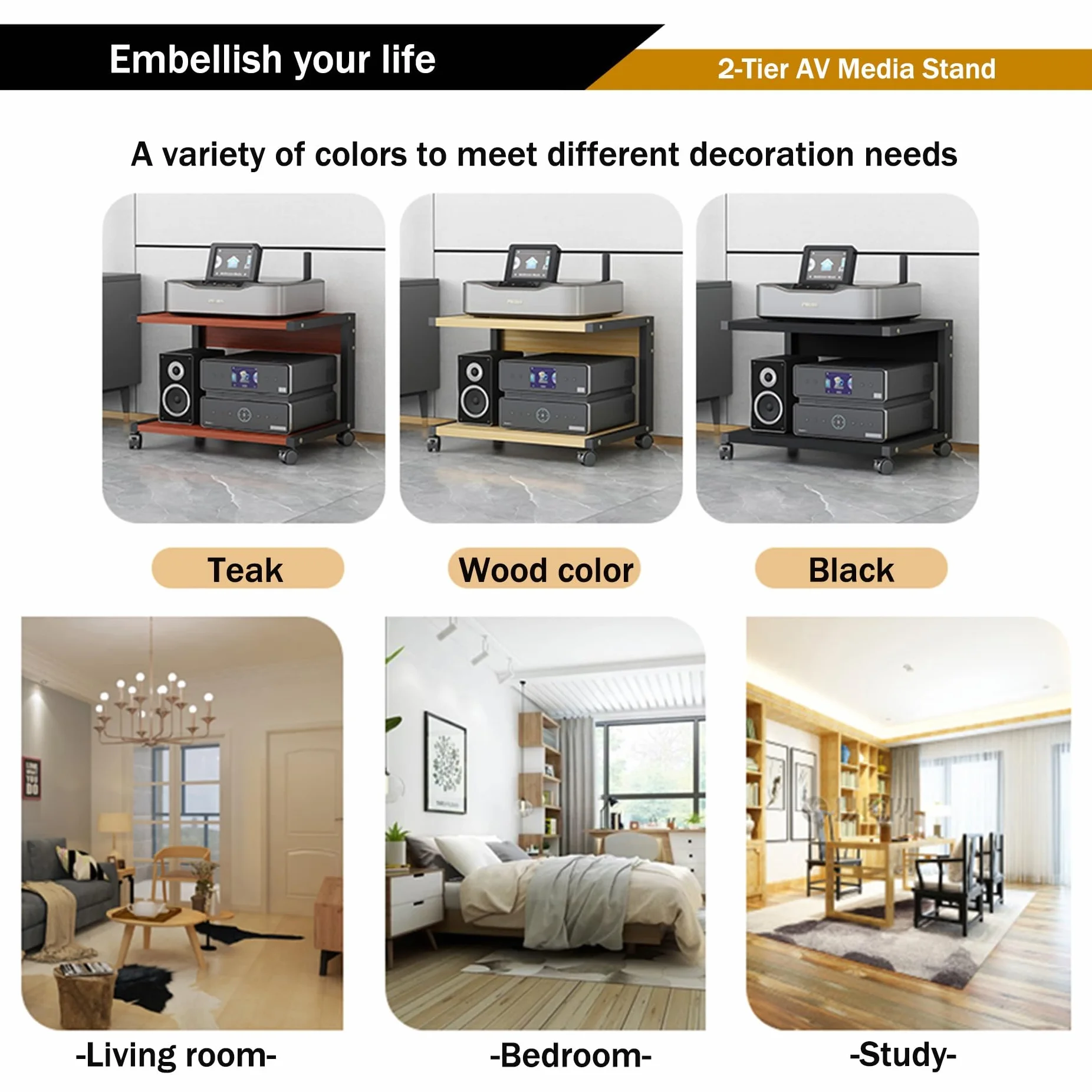 Pelliccia HiFi, Multi-AV nd con ruote, ripiani video a 2 livelli, supporto in legno Cact, supporto per ste, tavolo stampante per soggiorno, sala giochi, ufficio (teak, 50 x 40 x 50 cm)