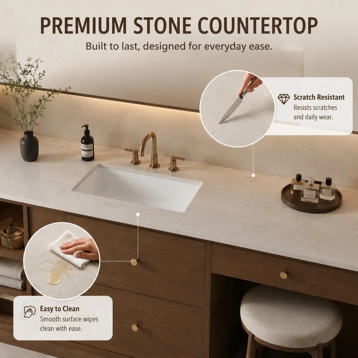 Vanità da bagno indipendente da 80 pollici con area trucco | moderno armadio in legno massello | lavabo singolo | specchio anti-appannamento | design personalizzabile | elegante set da bagno