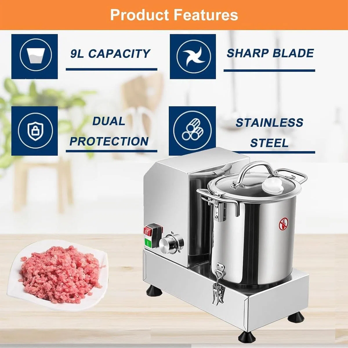 Robot da cucina automatico professionale, tritatutto elettrico per verdure in acciaio inox per impieghi gravosi da 6L/9L/15L con lame a S, tritacarne multifunzionale, per verdure, cipolle, aglio