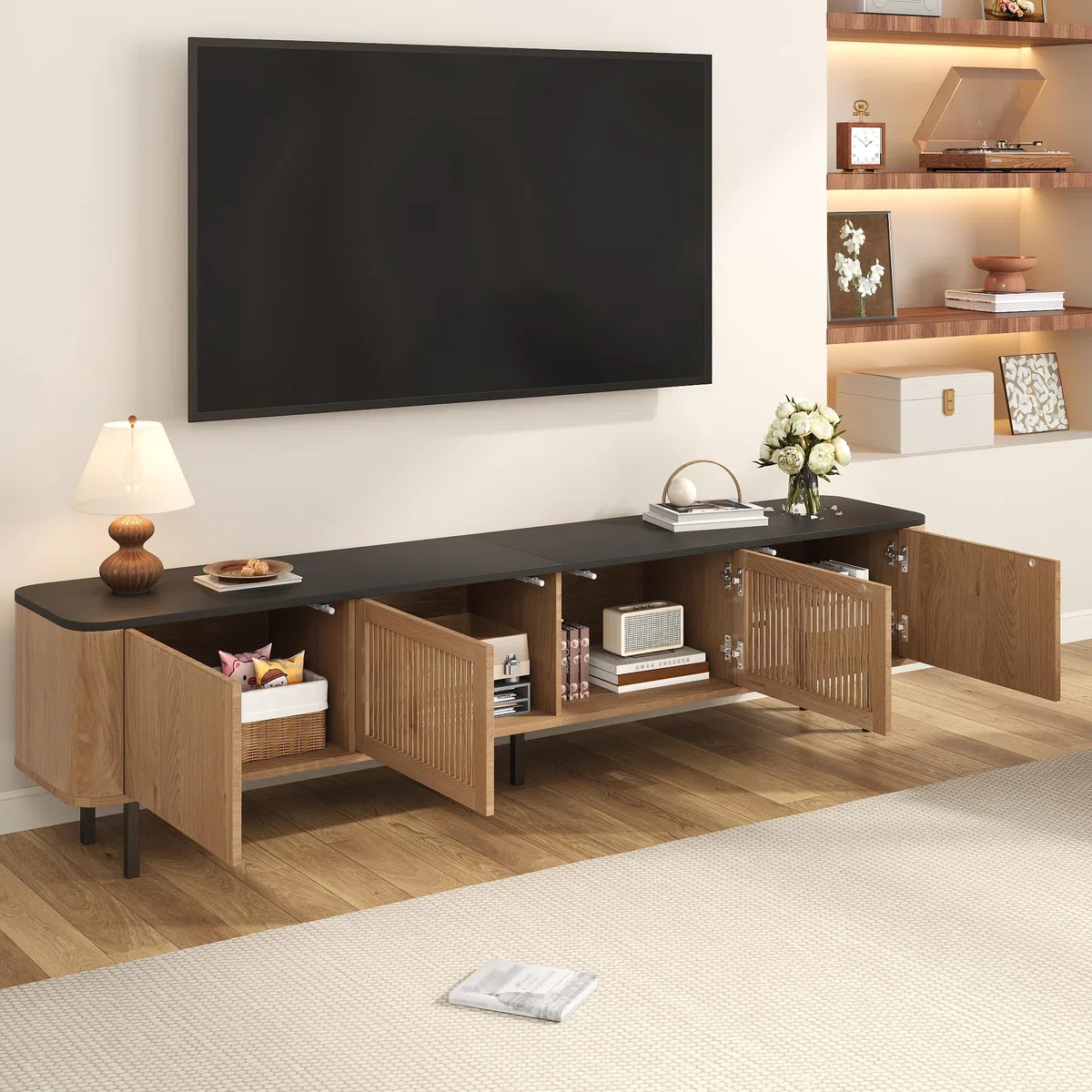 Mobile TV in rovere unico, 190 x 35 x 45 cm, moderno centro di intrattenimento, soluzione elegante per soggiorno, console multimediale con ampio spazio per TV e accessori