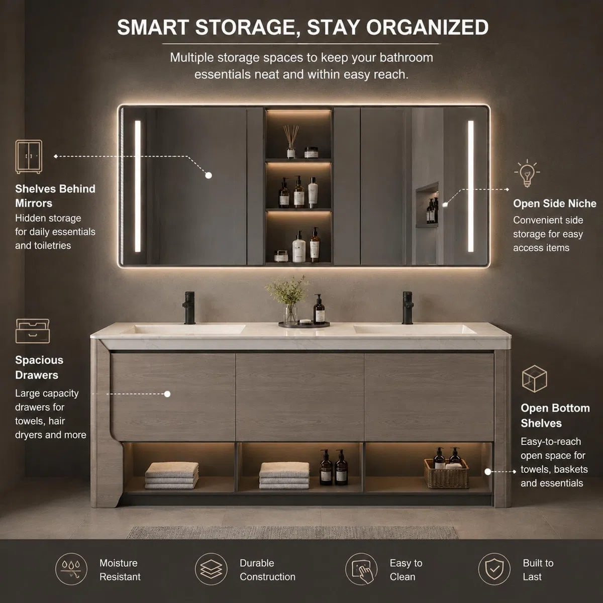 Mobile da bagno doppio da 228,6 cm con lavandino, mobiletto moderno autoportante in legno massello, specchio riscaldato intelligente, lavello in pietra, facile installazione, elegante e design