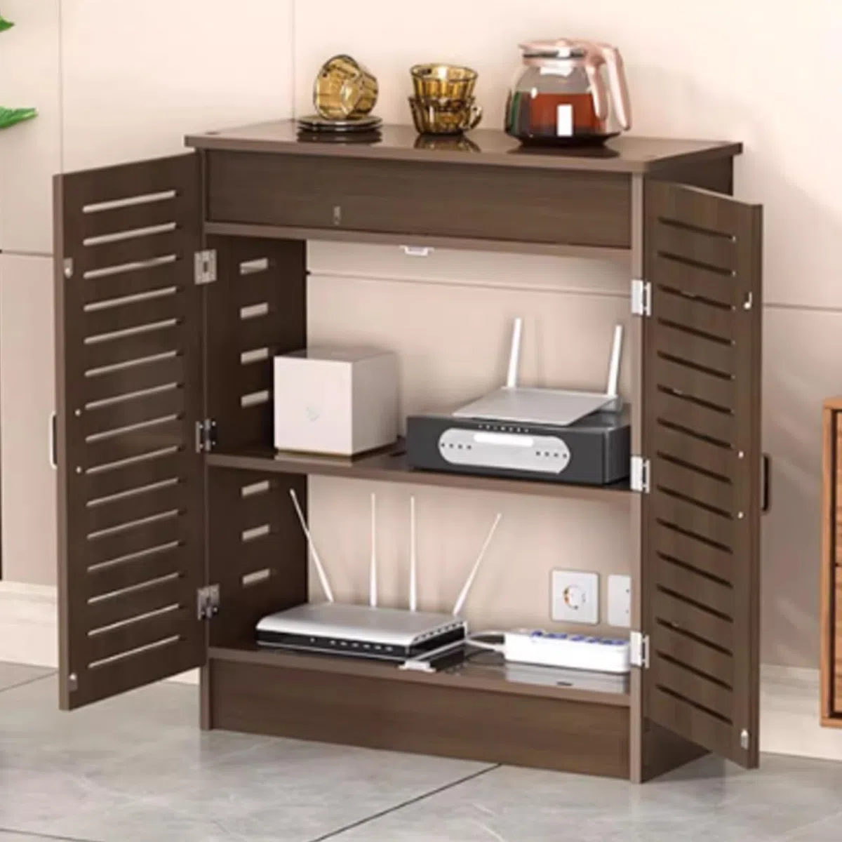 Nizer, router WiFi adiubile, per armadietto, cavo e ciabatta, per soggiorno e camera da letto, marrone (50 cm x 80 cm x 24,9 cm)