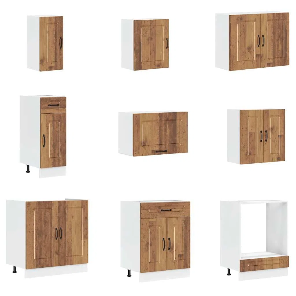 Set di 14 mobili da cucina Kalmar in effetto legno anticato, set di mobili da cucina modulari in legno, cucina completa con armadio ad angolo, pensile e armadio alto