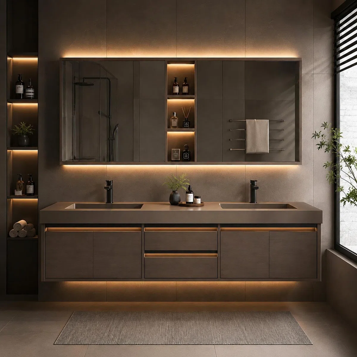 Mobile da bagno sospeso doppio da 198,1 cm, design moderno a parete con lavello in pietra e specchio intelligente, spazioso spazio di archiviazione, ioni solidi