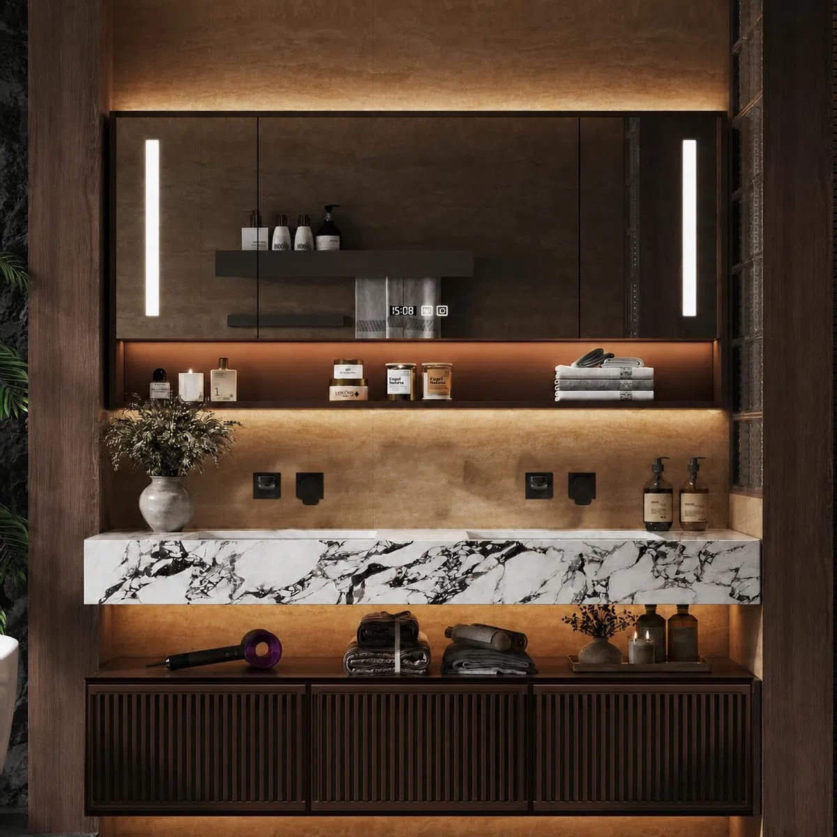 Lavandino sospeso da 172,7 cm, design moderno da parete, con specchio LED antiappannamento e display dell'ora, porte a chiusura rallentata, completamente assemblato per grandi bagni