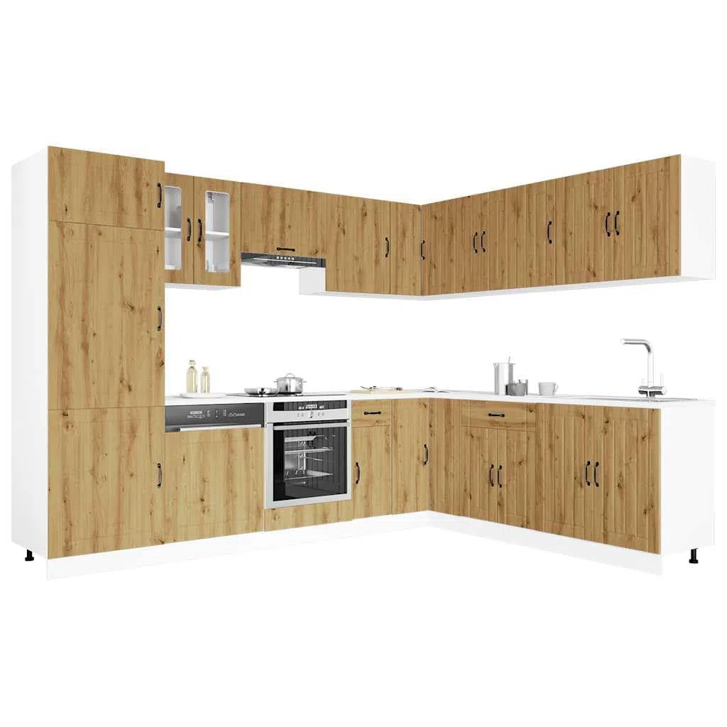 Set di 14 mobili da cucina Lucca, mobile da cucina in legno di quercia Artisan, cucina da incasso moderna con molto spazio, set modulare di pensili e pensili