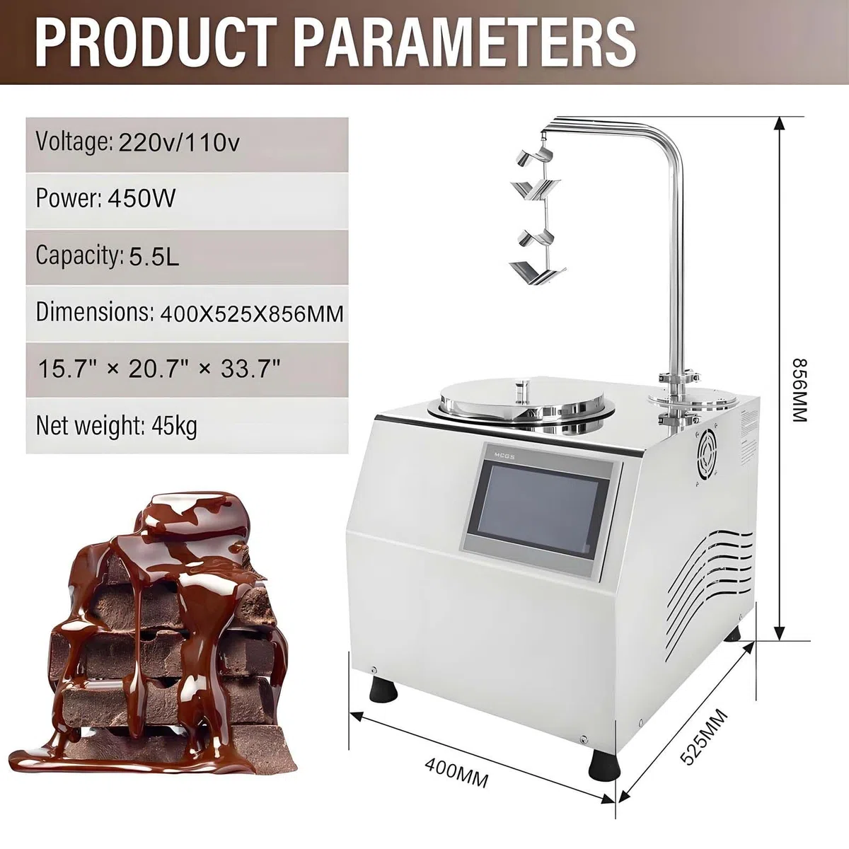 Temperatrice per Cioccolato da 5,5 L - con Touchscreen Digitale, Scioglitore Elettrico per Cioccolato Professionale, per Cioccolato, Burro, Formaggio, Panna, Caramelle, Latte, caffè E Dessert