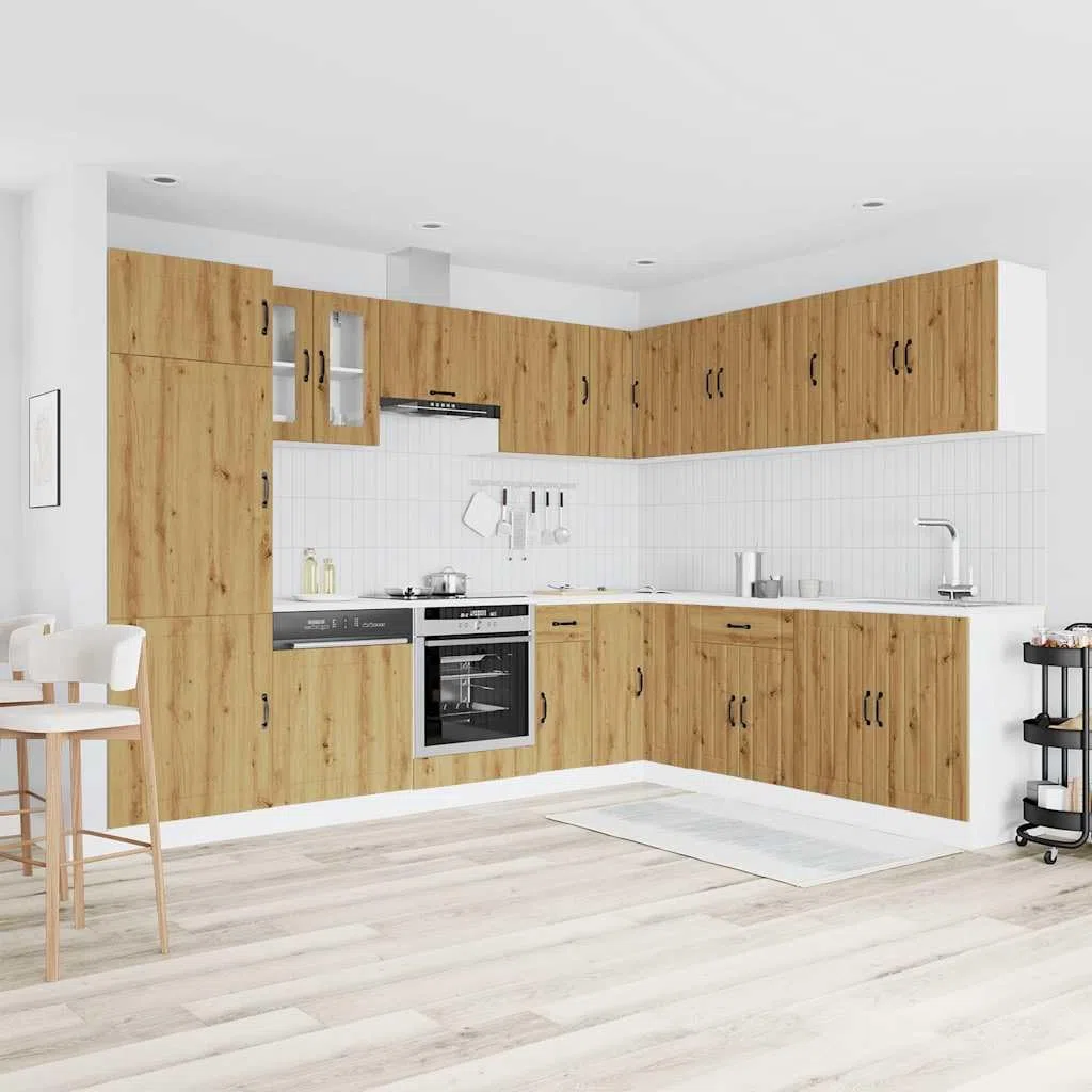 Set di 14 mobili da cucina Lucca, mobile da cucina in legno di quercia Artisan, cucina da incasso moderna con molto spazio, set modulare di pensili e pensili