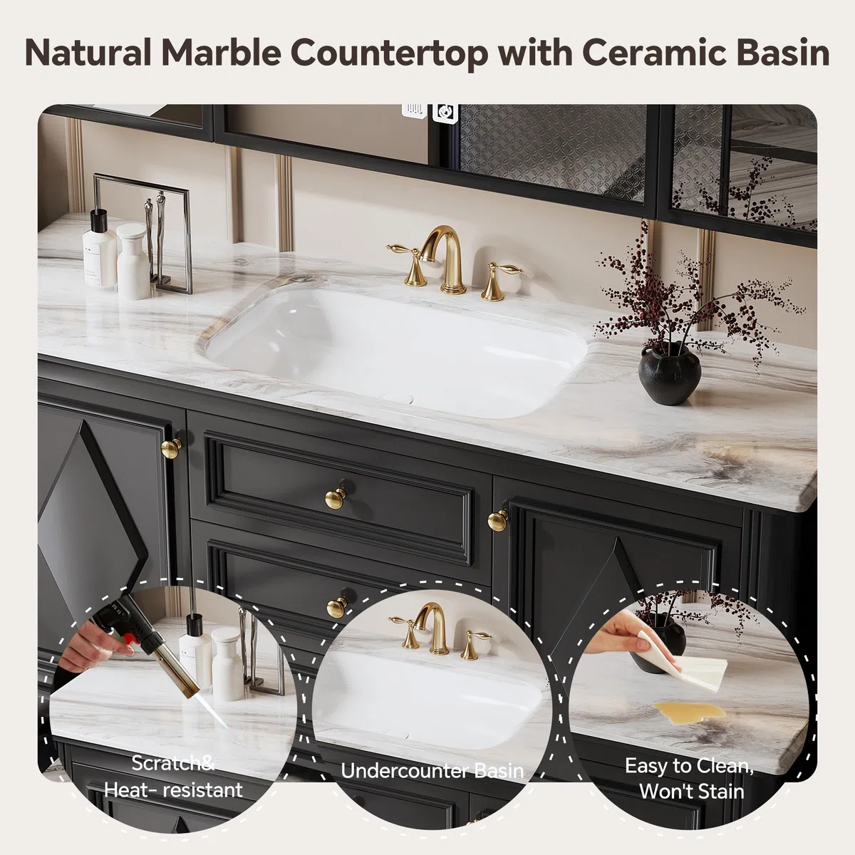 Vanity - Mobile da bagno di ispirazione francese con specchio LED Smart Defog in legno massello, lavabo singolo/doppio, design elegante per bagni moderni, soluzione salvaspazio