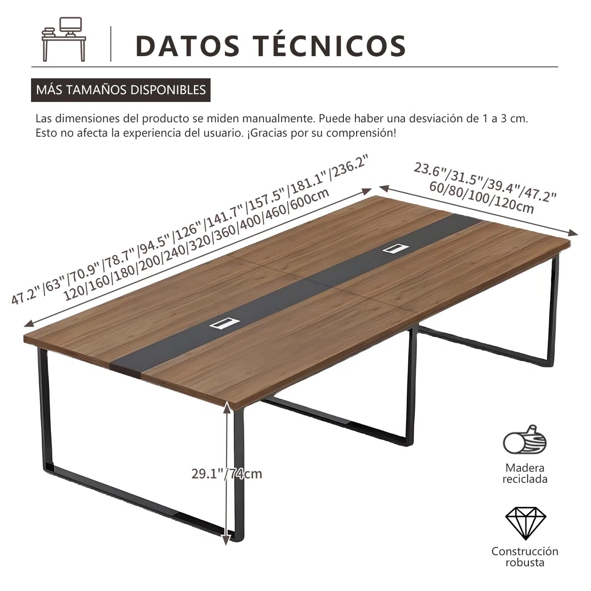 Tavolo da conferenza moderno per 8-12 persone - Tavolo da ufficio in metallo robusto con gestione dei cavi rettangolare in nero bianco - ideale per uso professionale