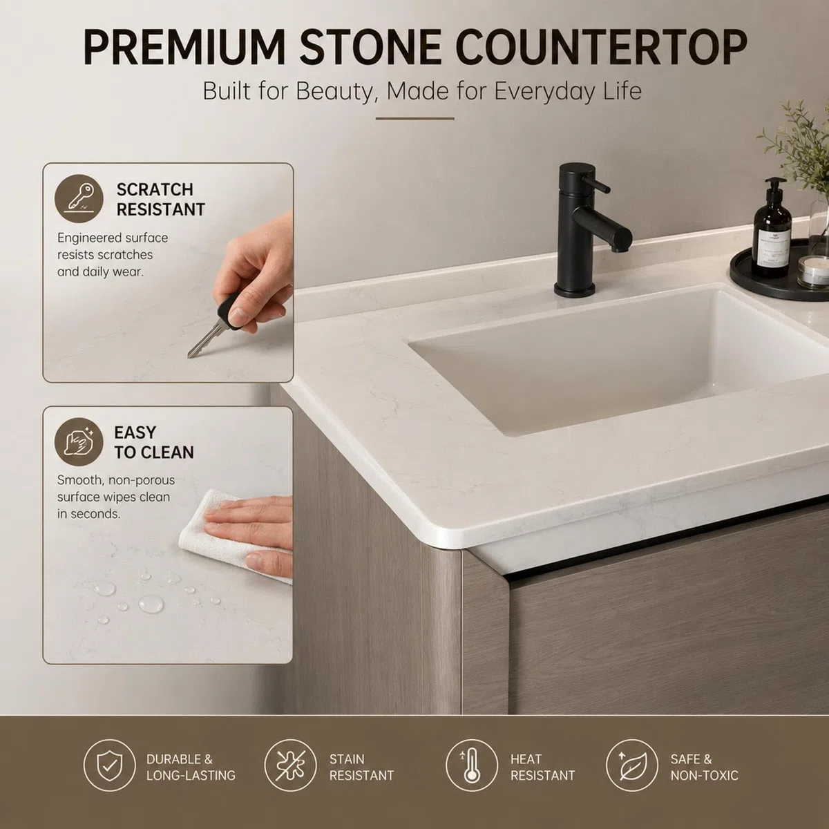 Mobile da bagno doppio da 228,6 cm con lavandino, mobiletto moderno autoportante in legno massello, specchio riscaldato intelligente, lavello in pietra, facile installazione, elegante e design