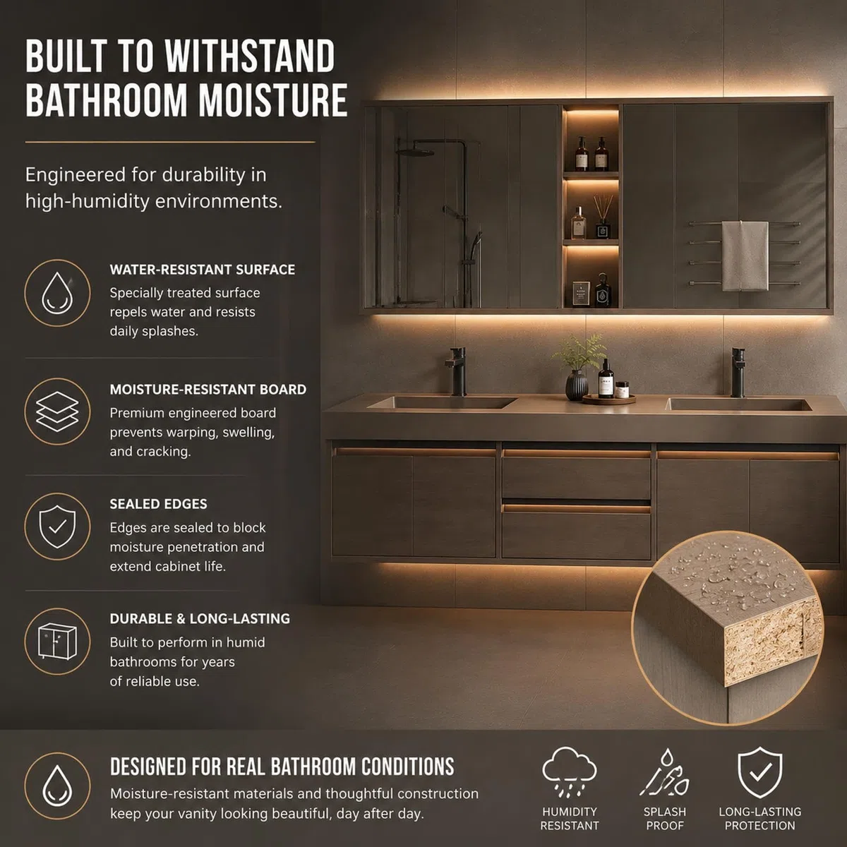 Mobile da bagno sospeso doppio da 198,1 cm, design moderno a parete con lavello in pietra e specchio intelligente, spazioso spazio di archiviazione, ioni solidi
