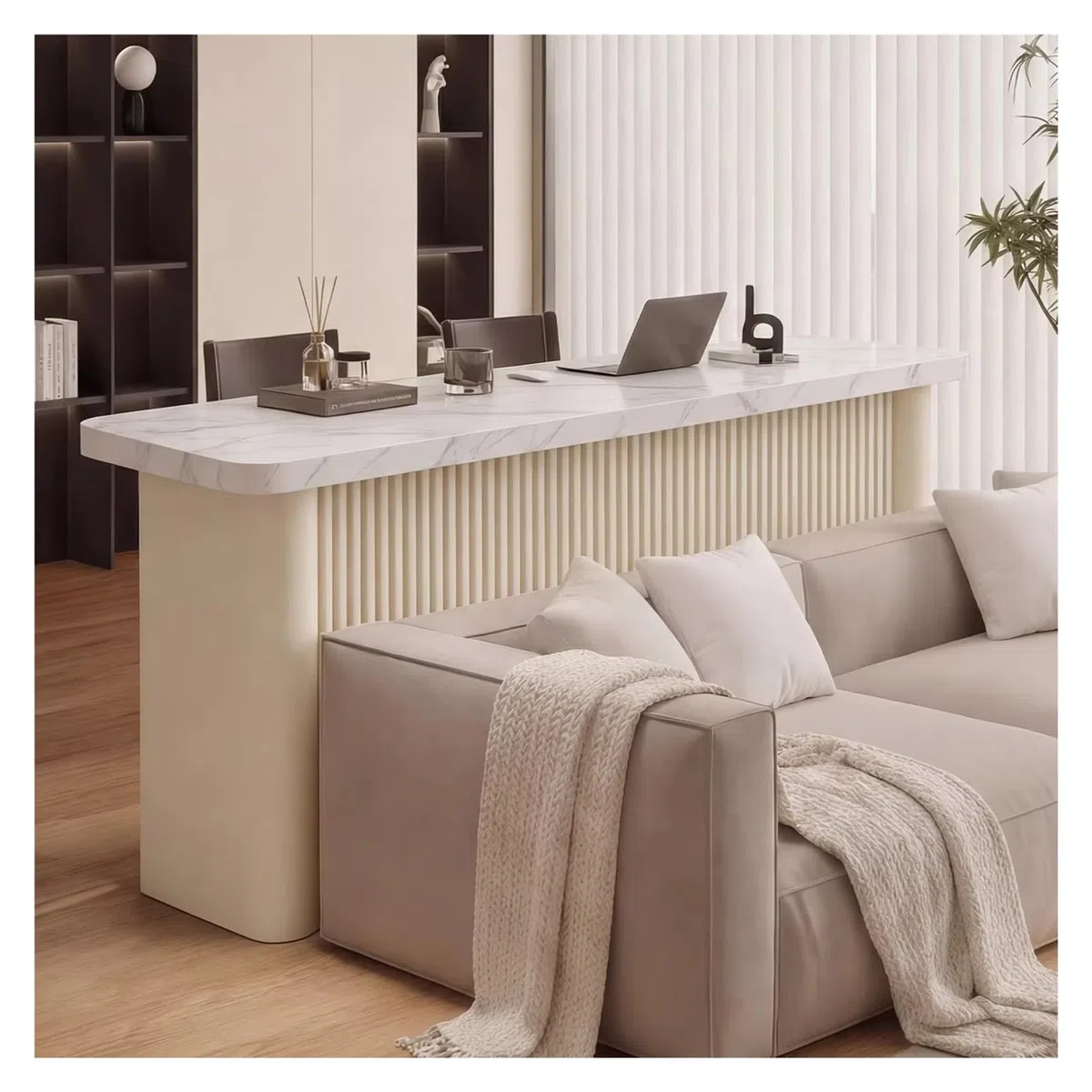 Zephyria Mobile da cucina con cassetti, Tavolo Da Bar Cucina Isola Piano In Pietra Sinterizzata Corpo Scanalato Struttura In Acciaio, per bancone della cucina, soggiorno, ingresso(White,L)