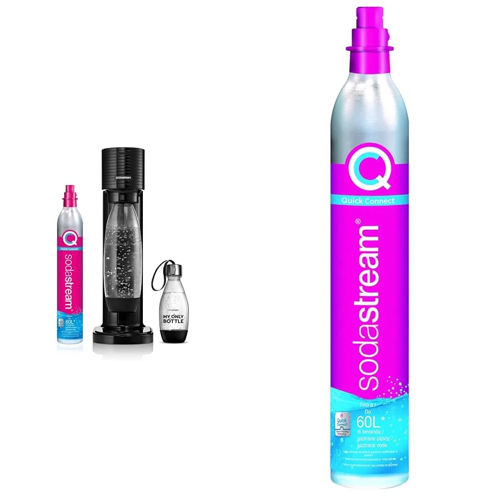 SodaStream Gasatore Gaia Nero d’Acqua per realizzare Acqua Frizzante & Cilindro Co2 Addizionale CQC con attacco rapido, bombola Co2 alimentare adatto per gasatori Sodastream TERRA e DUO