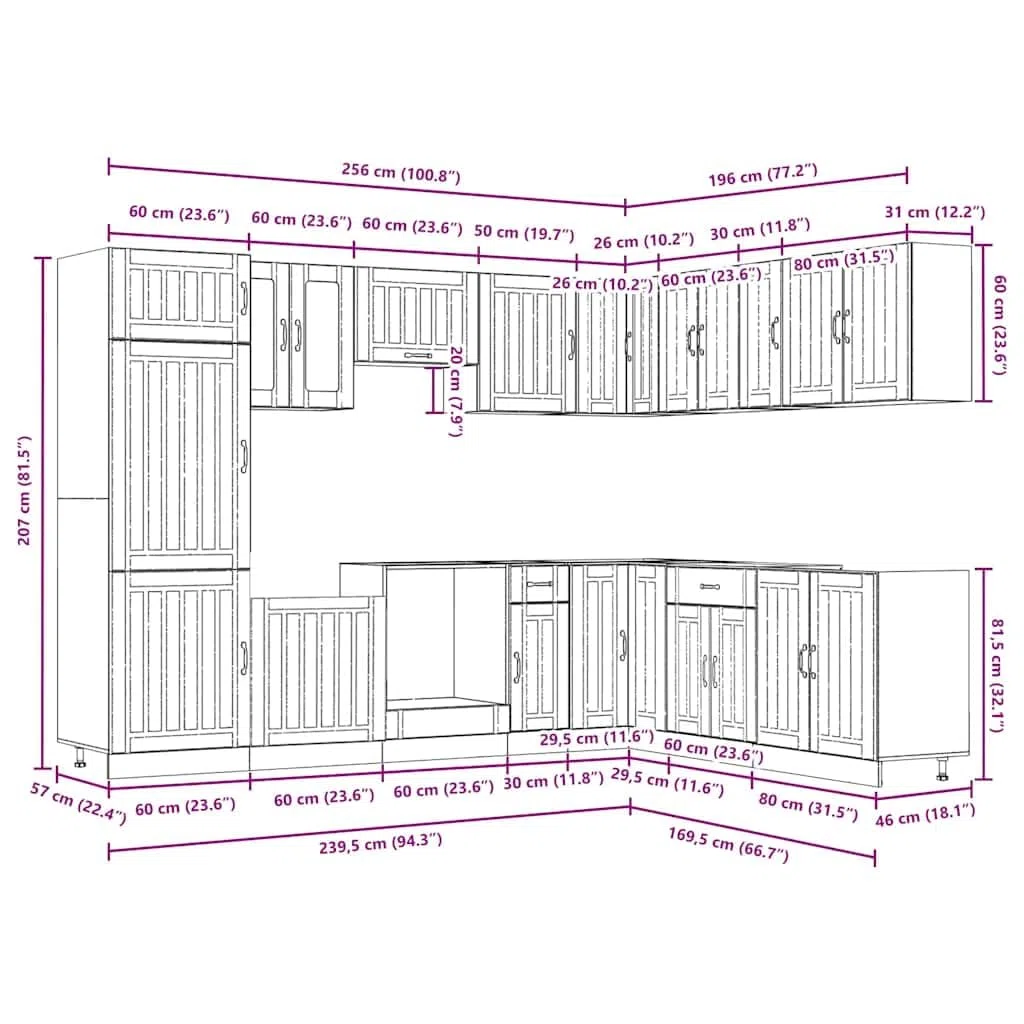 Set di 14 mobili da cucina Lucca, mobile da cucina in legno di quercia Artisan, cucina da incasso moderna con molto spazio, set modulare di pensili e pensili