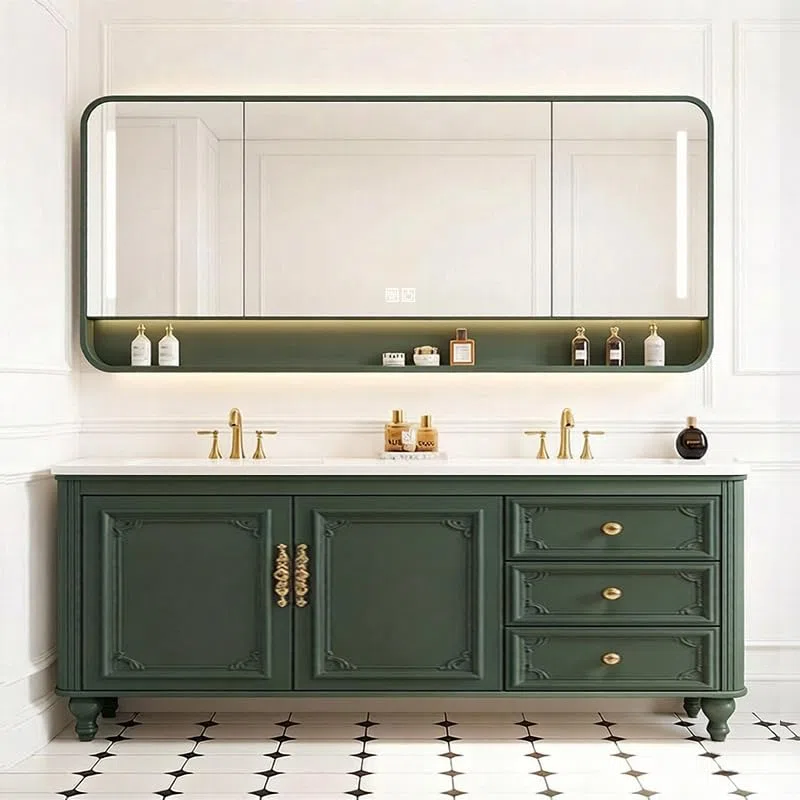 Mobile da bagno moderno con lavabo singolo/doppio in legno massello dal design elegante con specchio intelligente finitura in stile minimalista perfetto per la ristrutturazione domestica
