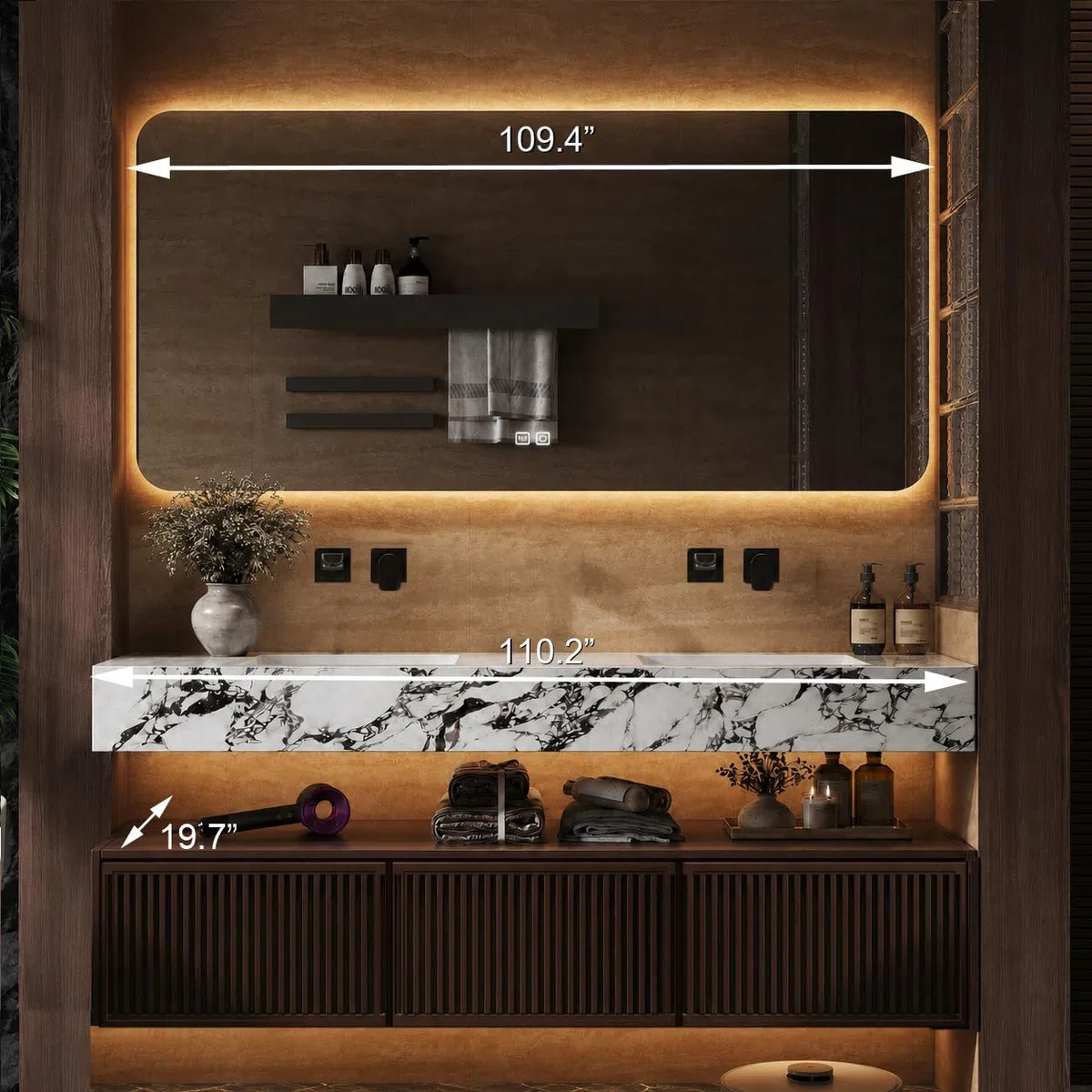 Mobile da bagno sospeso moderno da 284,5 cm, con doppio lavabo, cassetti con chiusura silenziosa, specchio intelligente antiappannamento a LED, completamente assemblato, unità da parete per bagni