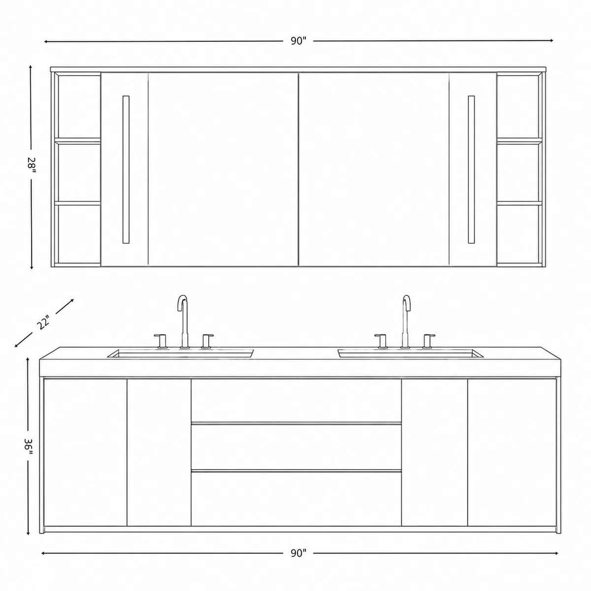 Mobile da bagno doppio da 228,6 cm con lavandino, mobiletto moderno autoportante in legno massello, specchio riscaldato intelligente, lavello in pietra, facile installazione, elegante e design