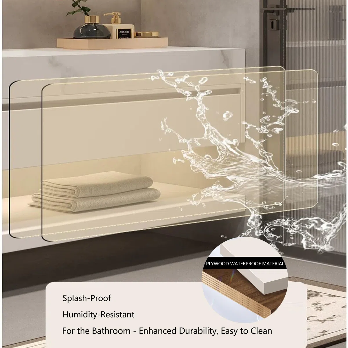 Lavandino sospeso da 172,7 cm, design moderno da parete, con specchio LED antiappannamento e display dell'ora, porte a chiusura rallentata, completamente assemblato per grandi bagni