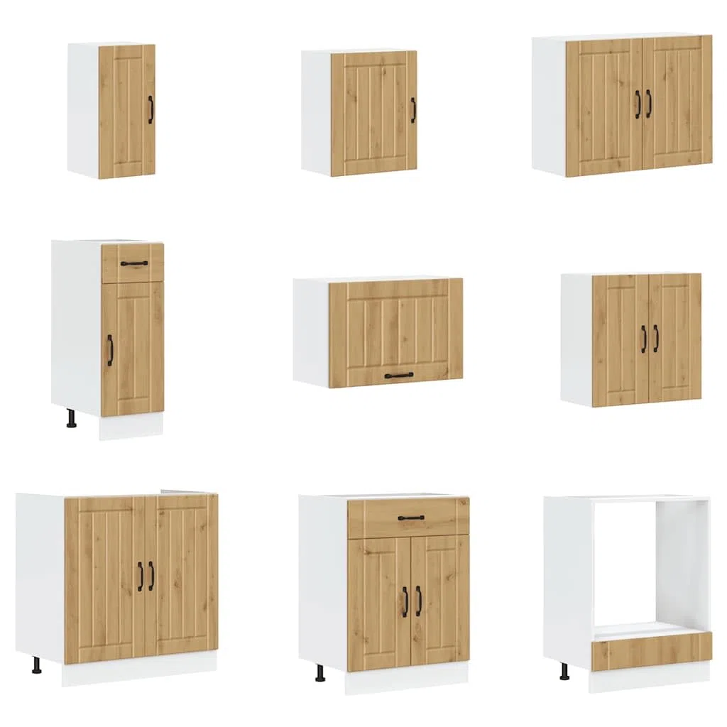 Set di 14 mobili da cucina Lucca, mobile da cucina in legno di quercia Artisan, cucina da incasso moderna con molto spazio, set modulare di pensili e pensili