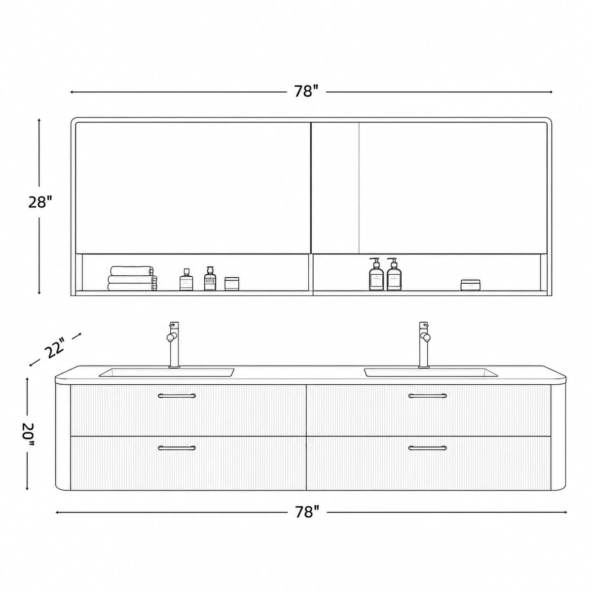 Mobile da bagno sospeso doppio da 198,1 cm, design moderno a parete con lavello in pietra e specchio intelligente, spazioso spazio di archiviazione, ioni solidi