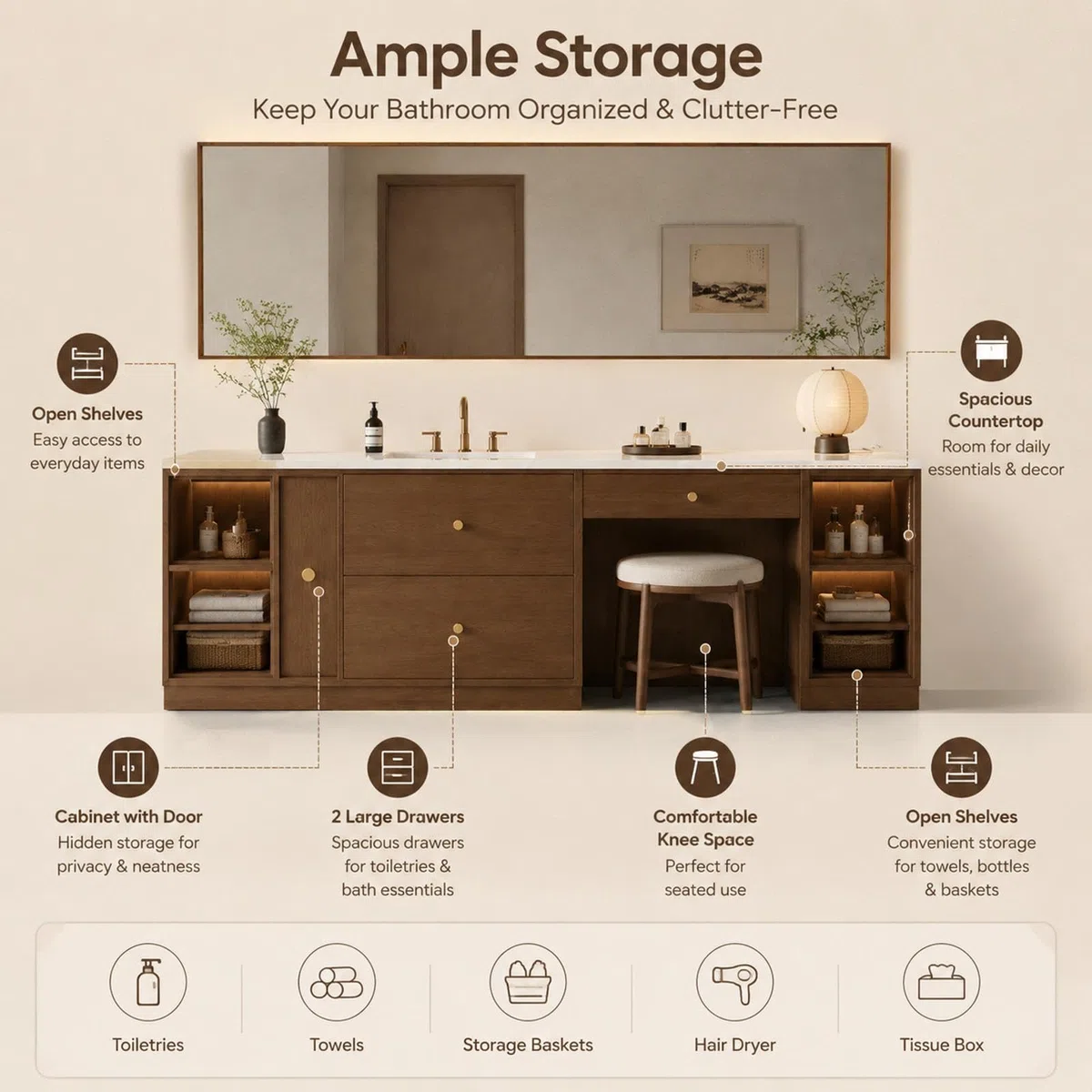 Vanità da bagno indipendente da 80 pollici con area trucco | moderno armadio in legno massello | lavabo singolo | specchio anti-appannamento | design personalizzabile | elegante set da bagno