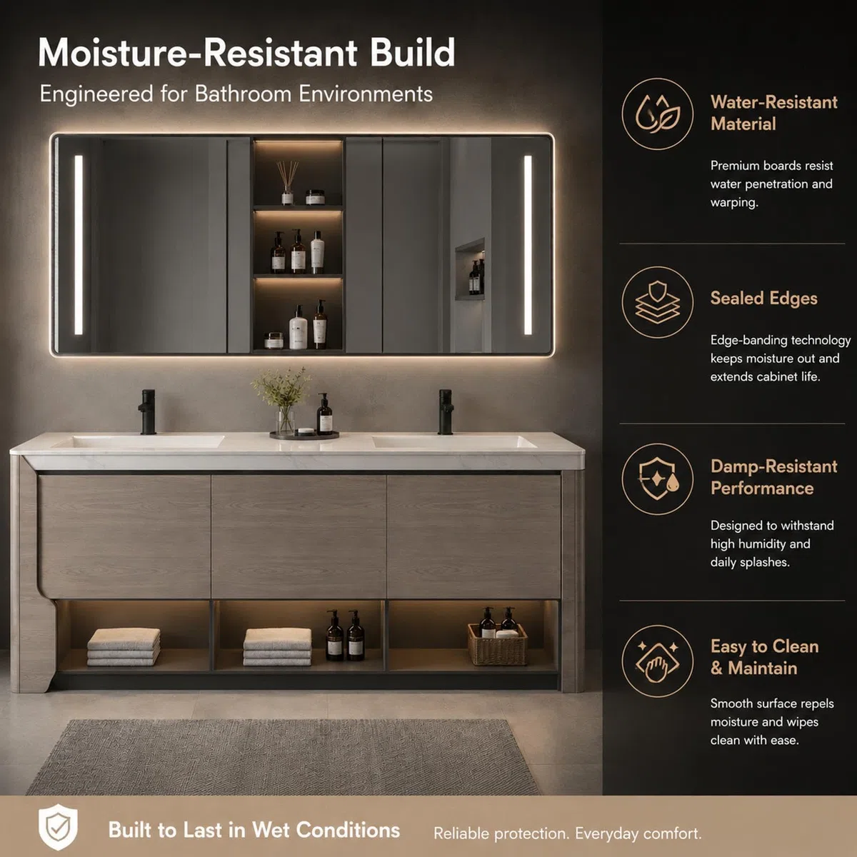 Mobile da bagno doppio da 228,6 cm con lavandino, mobiletto moderno autoportante in legno massello, specchio riscaldato intelligente, lavello in pietra, facile installazione, elegante e design