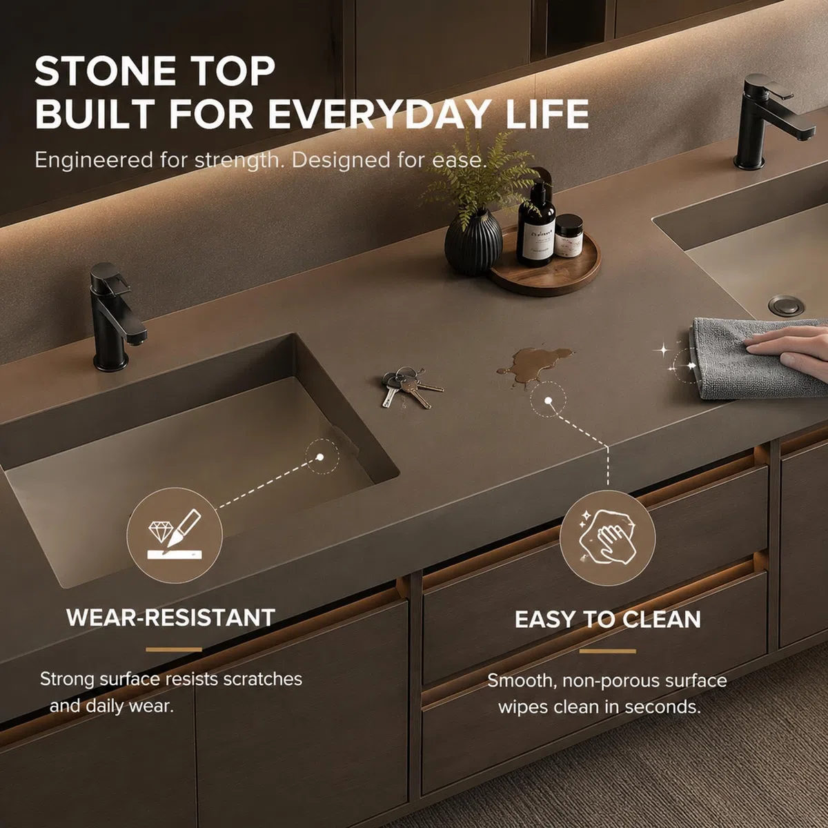 Mobile da bagno sospeso doppio da 198,1 cm, design moderno a parete con lavello in pietra e specchio intelligente, spazioso spazio di archiviazione, ioni solidi