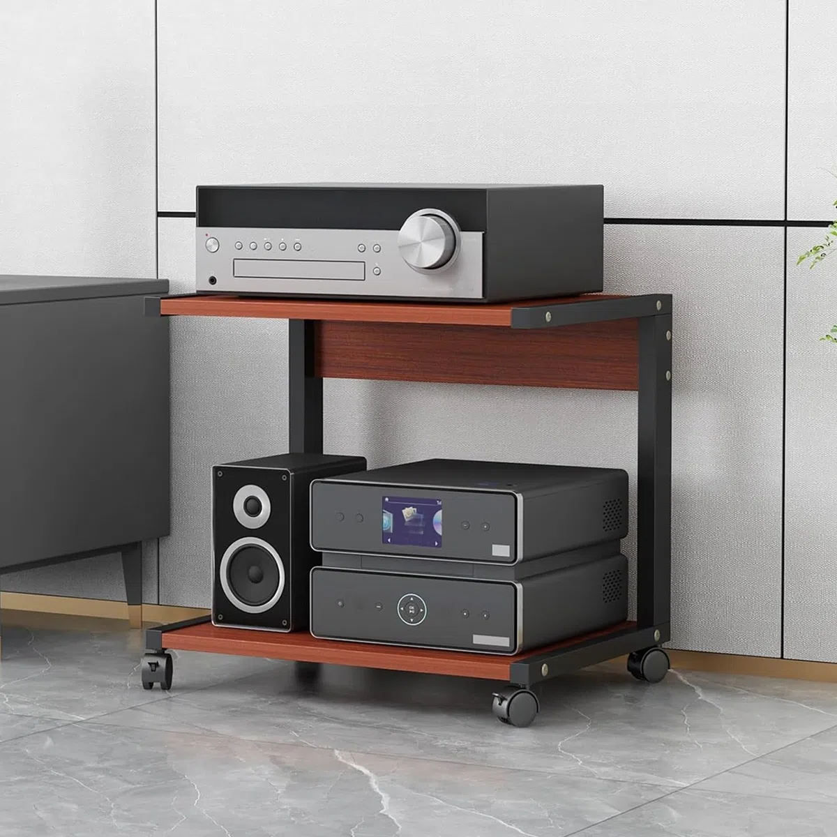 Pelliccia HiFi, Multi-AV nd con ruote, ripiani video a 2 livelli, supporto in legno Cact, supporto per ste, tavolo stampante per soggiorno, sala giochi, ufficio (teak, 50 x 40 x 50 cm)