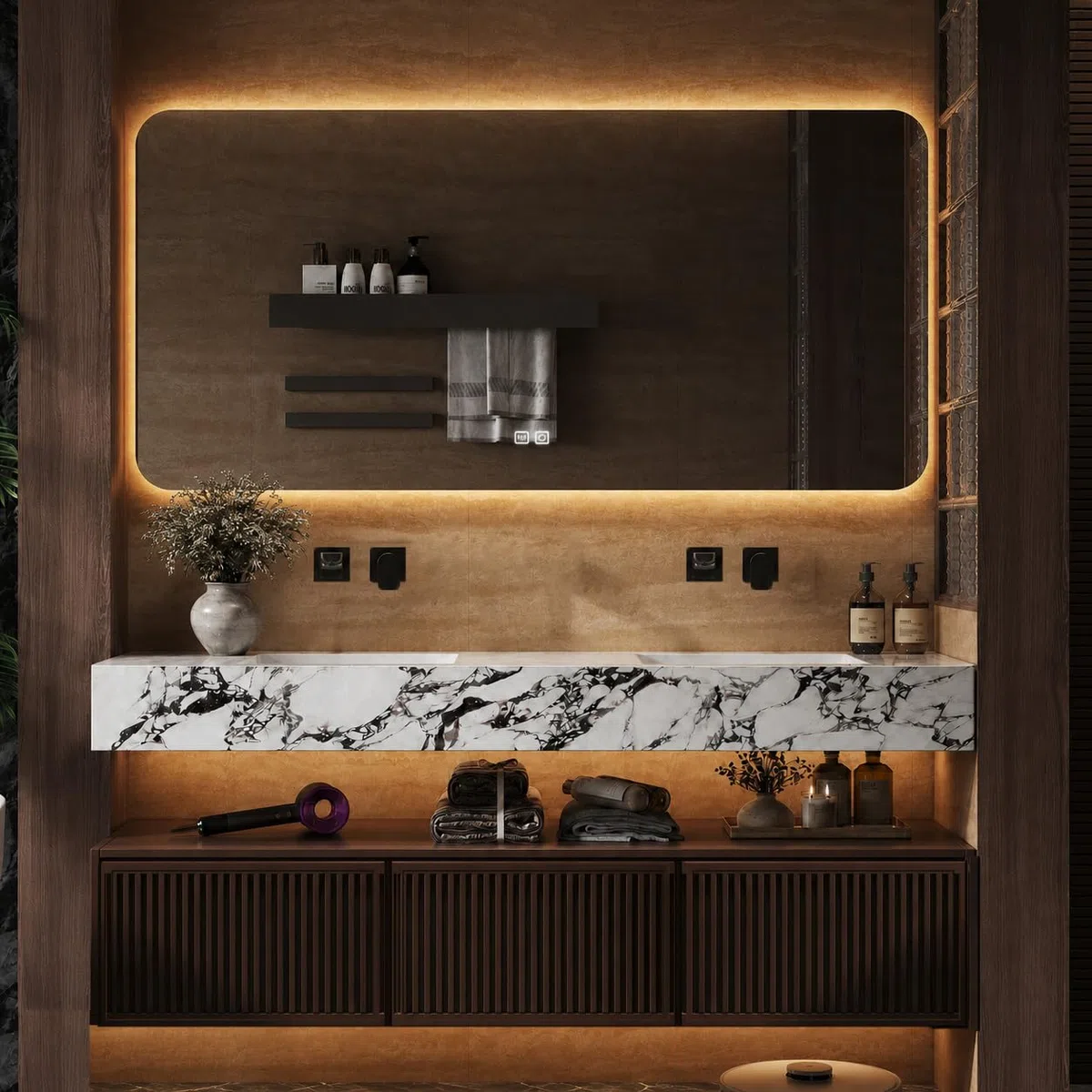 Mobile da bagno sospeso moderno da 284,5 cm, con doppio lavabo, cassetti con chiusura silenziosa, specchio intelligente antiappannamento a LED, completamente assemblato, unità da parete per bagni